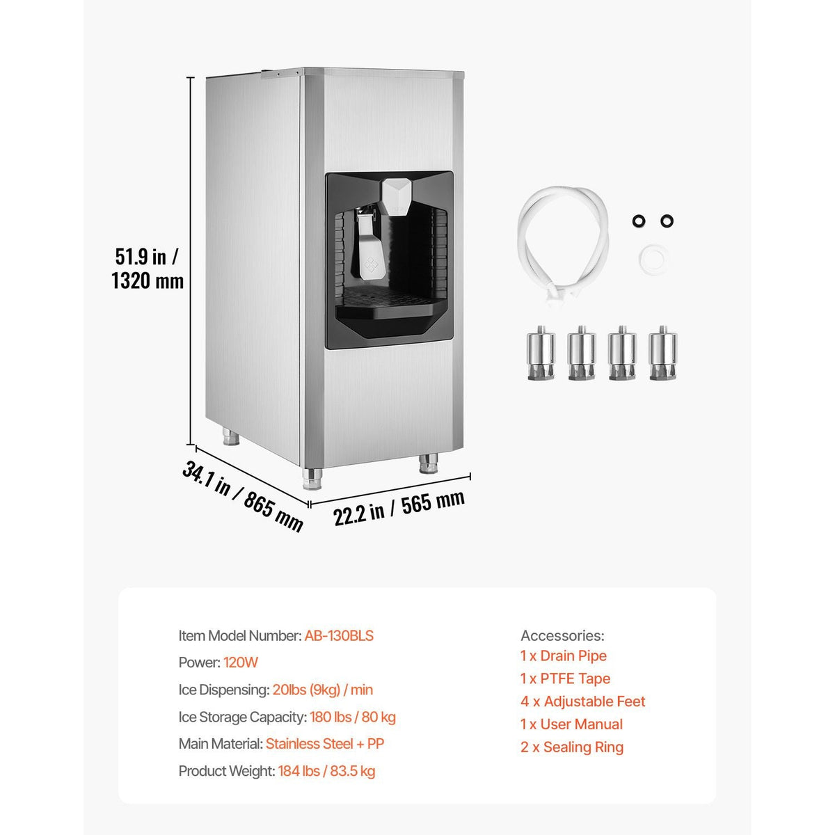 Ice Dispenser, Ice Storage Bin with 180 Lbs Storage Capacity, 20 Lbs/Min Automatic Ice Dispensing with Crusher, Height Adjustable Feet, for Commercial Ice Maker Machine, Restaurant and Hotel