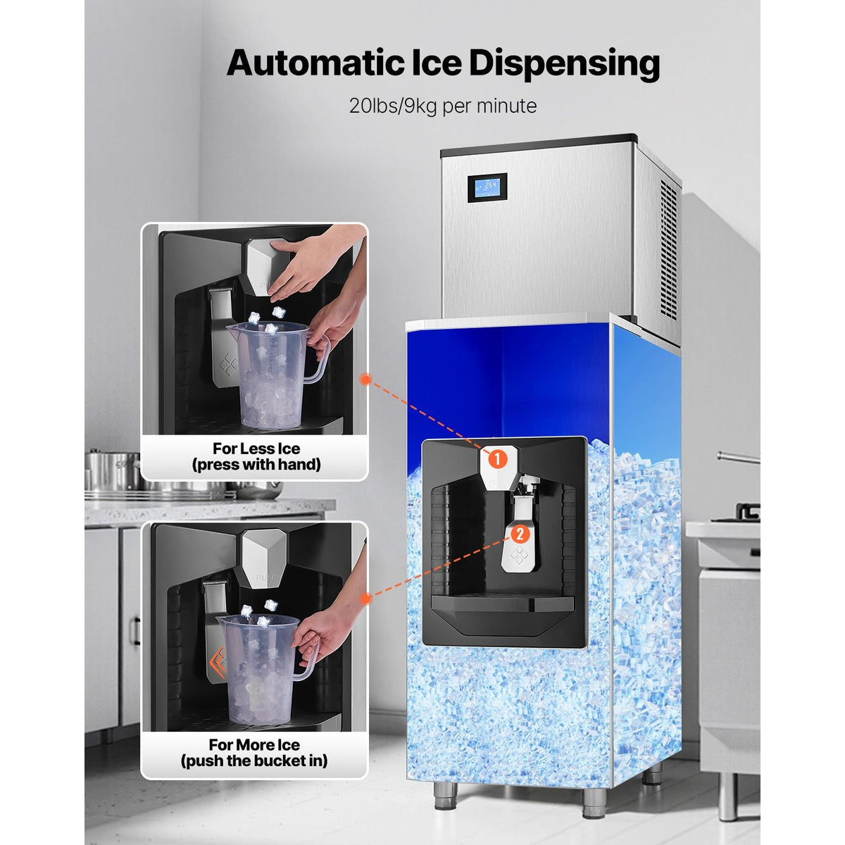 Ice Dispenser, Ice Storage Bin with 180 Lbs Storage Capacity, 20 Lbs/Min Automatic Ice Dispensing with Crusher, Height Adjustable Feet, for Commercial Ice Maker Machine, Restaurant and Hotel