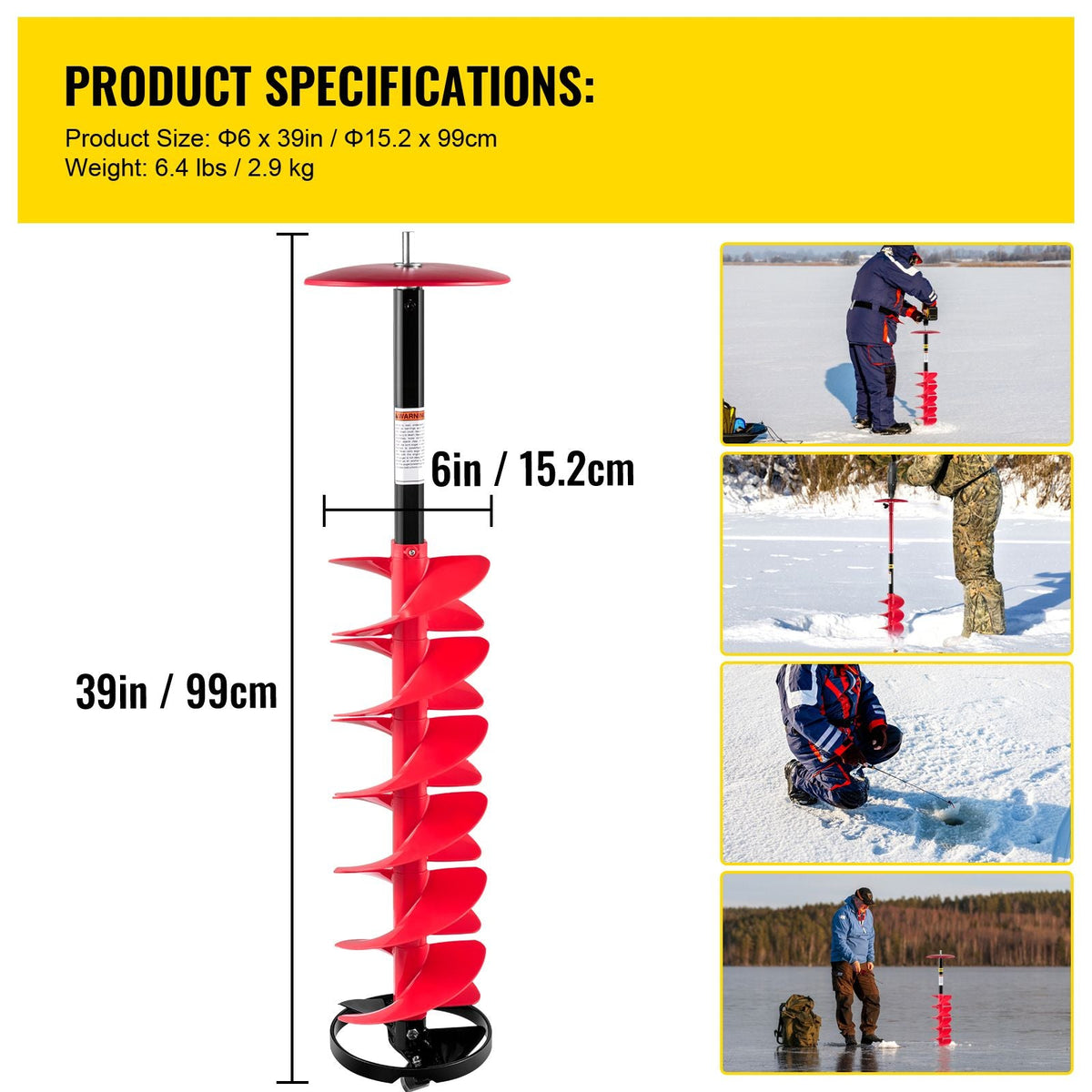 Ice Drill Auger, 6\" Diameter Nylon Ice Auger, 39\" Length Ice Auger Bit,Auger Drill with 11.8\" Extension Rod,Auger Bit with Drill Adapter,Top Plate & Blade Guard for Ice Fishing Ice Burrowing
