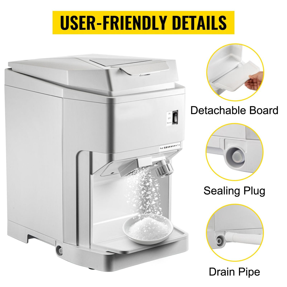 Ice Shaver Machine Electric, Snow Cone Machine Commercial 265 LBS/H, Shaved Ice Machine with Ice Hopper & Lid, 250W Ice Crusher with Drain Pipe Tabletop Shaved Ice Maker with Adjustable Fineness