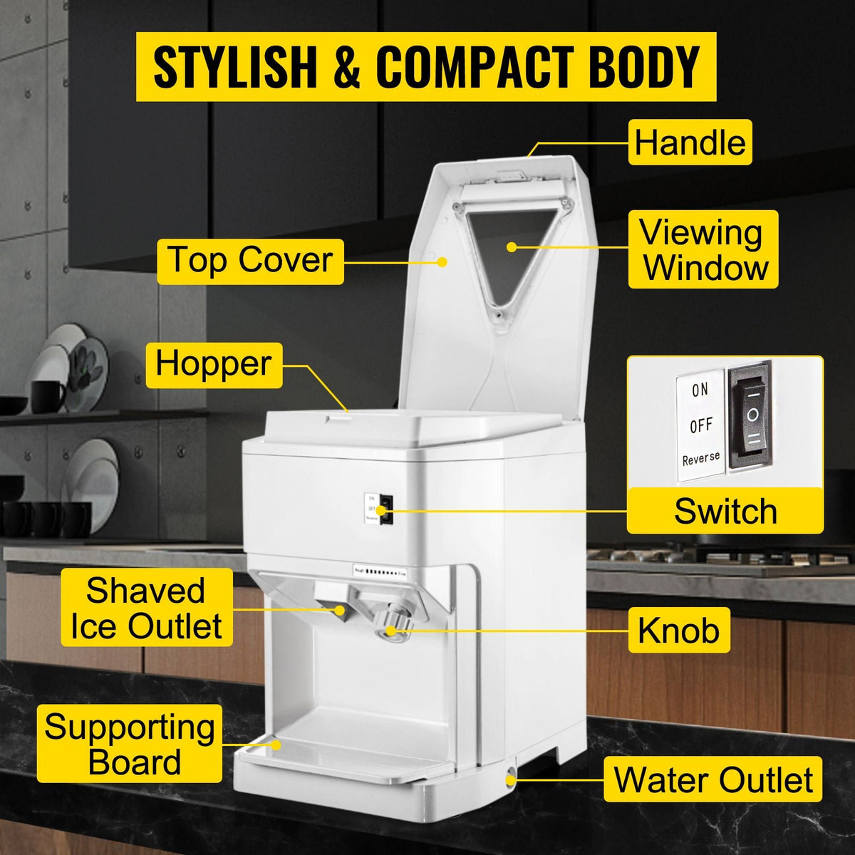 Ice Shaver Machine Electric, Snow Cone Machine Commercial 265 LBS/H, Shaved Ice Machine with Ice Hopper & Lid, 250W Ice Crusher with Drain Pipe Tabletop Shaved Ice Maker with Adjustable Fineness