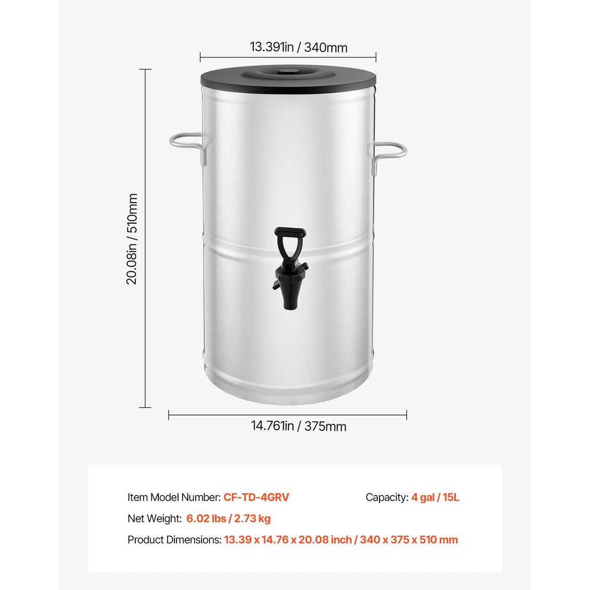 Ice Tea Dispenser, 4 Gal/15L 304 Stainless Steel Beverage Dispenser with Spigot & Handle, Suitable for Hot and Cold Drinks, for Iced Tea Coffee Water in Cafes & Restaurants