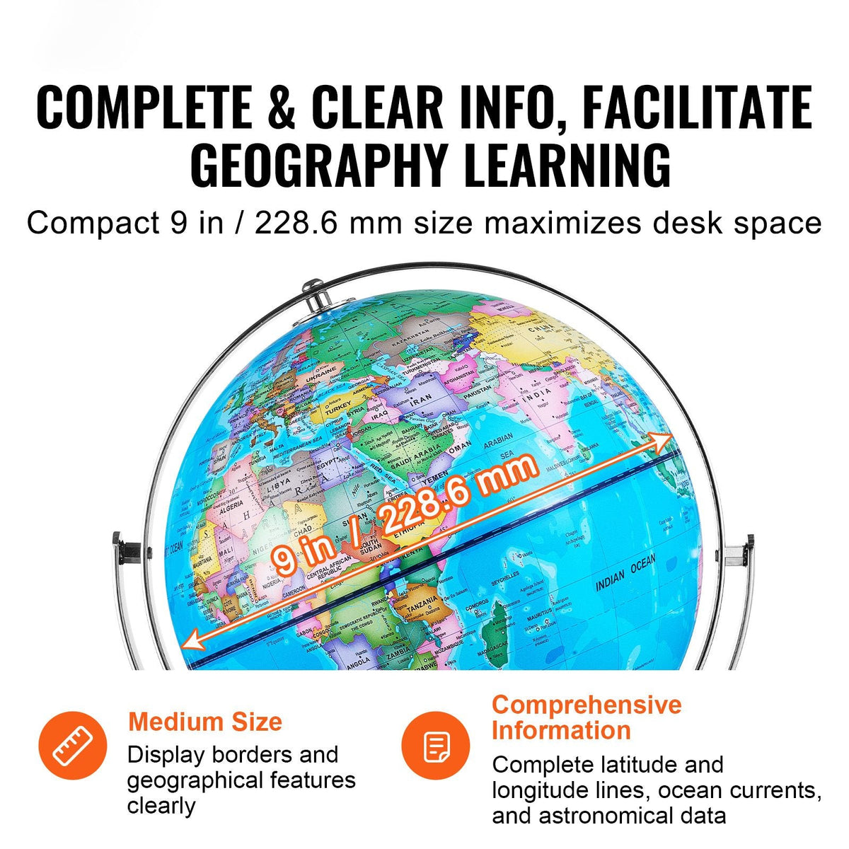 Illuminated World Globe with Stand, 9 in/228.6 mm, Educational Earth Globe with Stable Heavy Metal Base and LED Constellation Night Light HD Printed Map, Spinning for Kids Classroom Learning