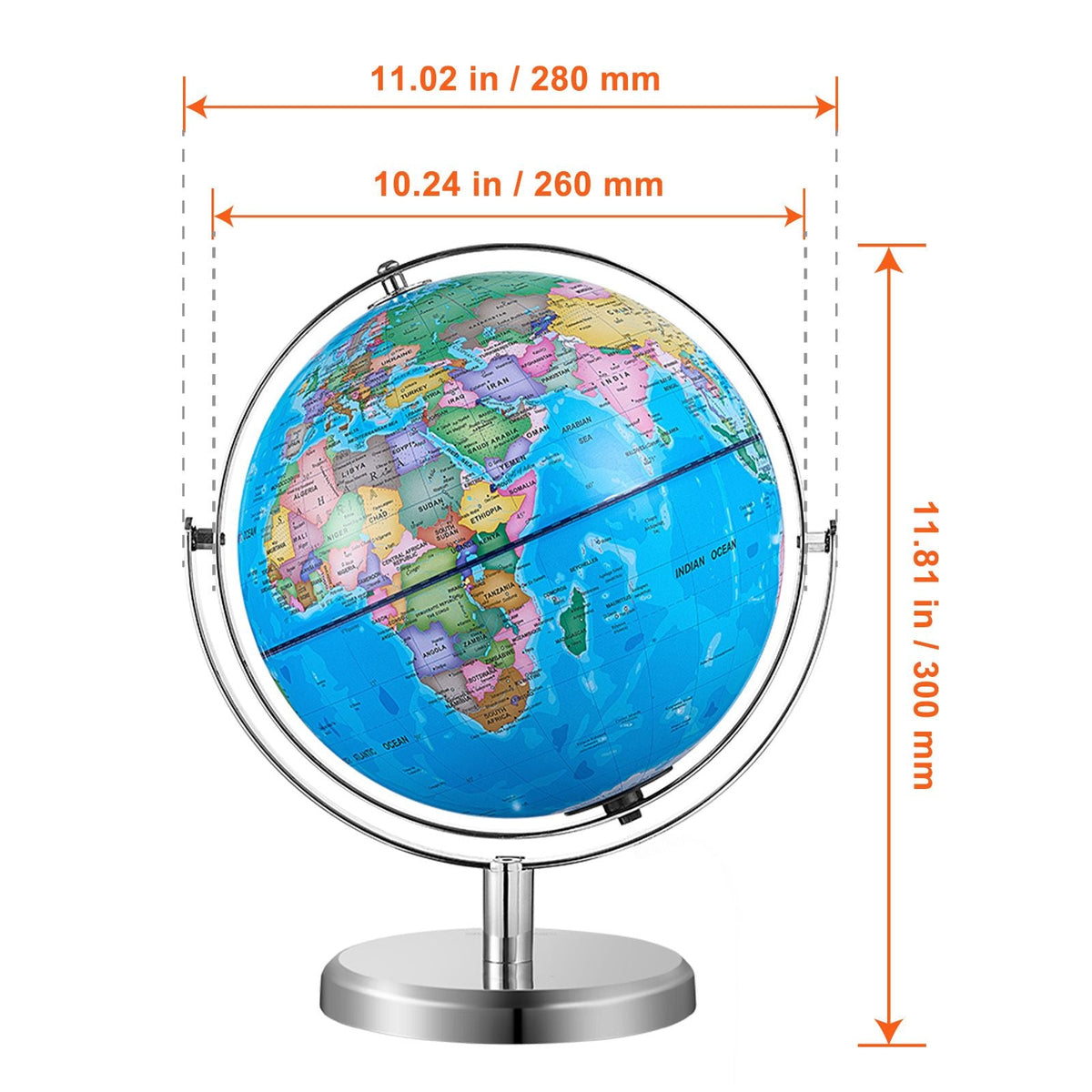 Illuminated World Globe with Stand, 9 in/228.6 mm, Educational Earth Globe with Stable Heavy Metal Base and LED Constellation Night Light HD Printed Map, Spinning for Kids Classroom Learning