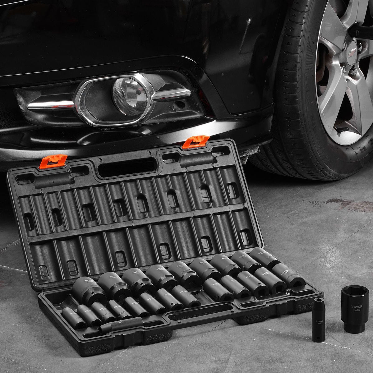 Impact Socket Set, 1/2" 26 Piece Impact Sockets, Deep Socket, 6-Point Sockets, 1/2 Inches Drive Socket Set Impact Metric 10mm - 36mm, Cr-V Rugged Construction, with a Storage Cage
