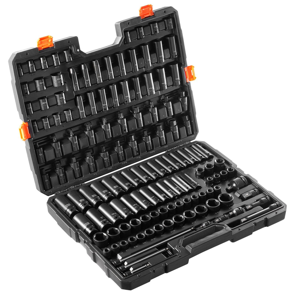Impact Socket Set 130 Piece 3/8" & 1/2" - SAE & Metric Drive Socket Set - 6 Point Cr-Mo Alloy Steel for Auto Repair - Easy-to-Read Size Markings - Includes Storage Case