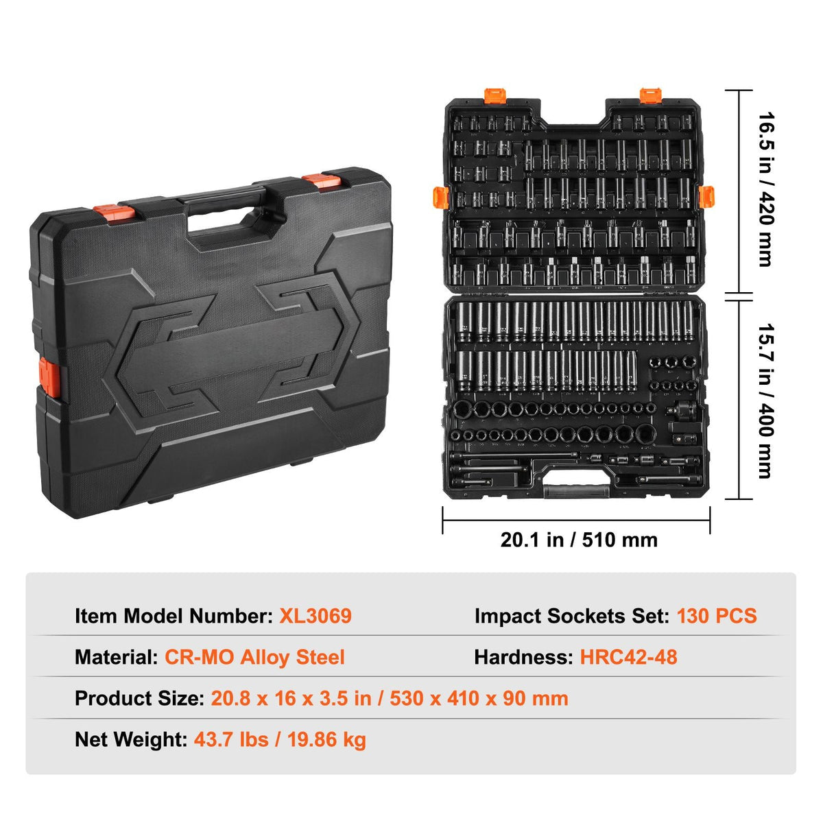 Impact Socket Set 130 Piece 3/8" & 1/2" - SAE & Metric Drive Socket Set - 6 Point Cr-Mo Alloy Steel for Auto Repair - Easy-to-Read Size Markings - Includes Storage Case