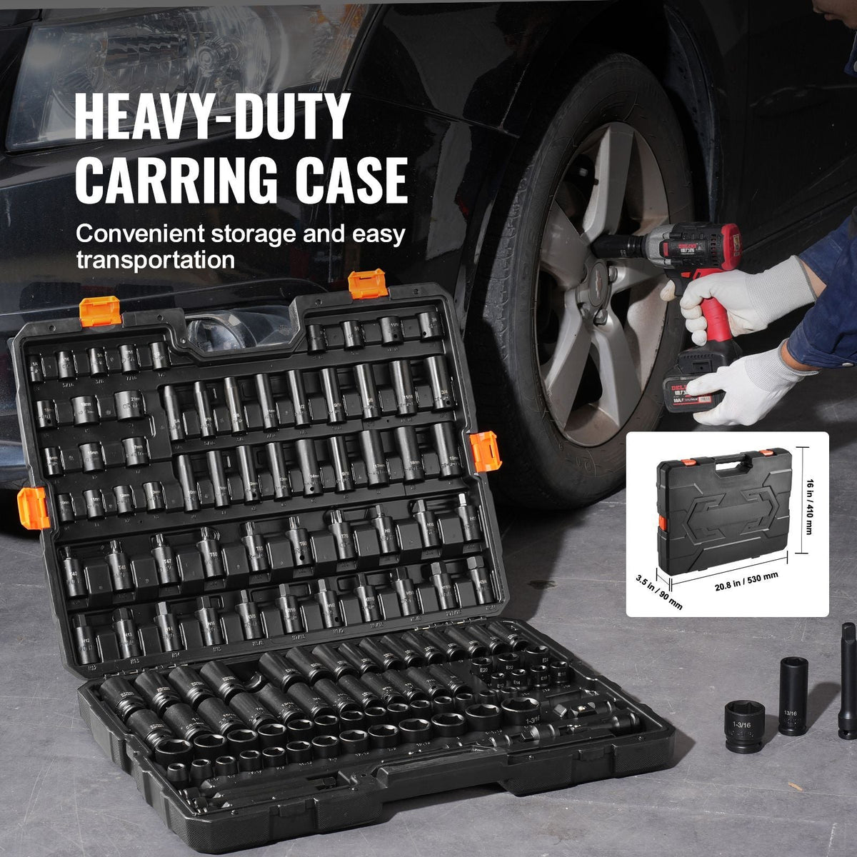 Impact Socket Set 130 Piece 3/8" & 1/2" - SAE & Metric Drive Socket Set - 6 Point Cr-Mo Alloy Steel for Auto Repair - Easy-to-Read Size Markings - Includes Storage Case