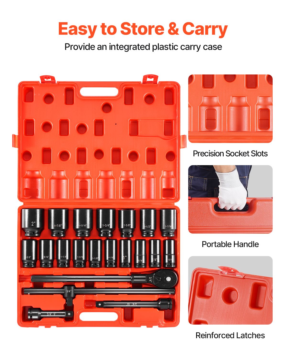 Impact Socket Set 3/4 Inches 22 Piece Deep Impact Sockets, Socket Assortment 3/4 Inches Drive Socket Set Impact Standard SAE Sizes 7/8 Inches to 2 Inches Includes Adapters and Ratchet Handle