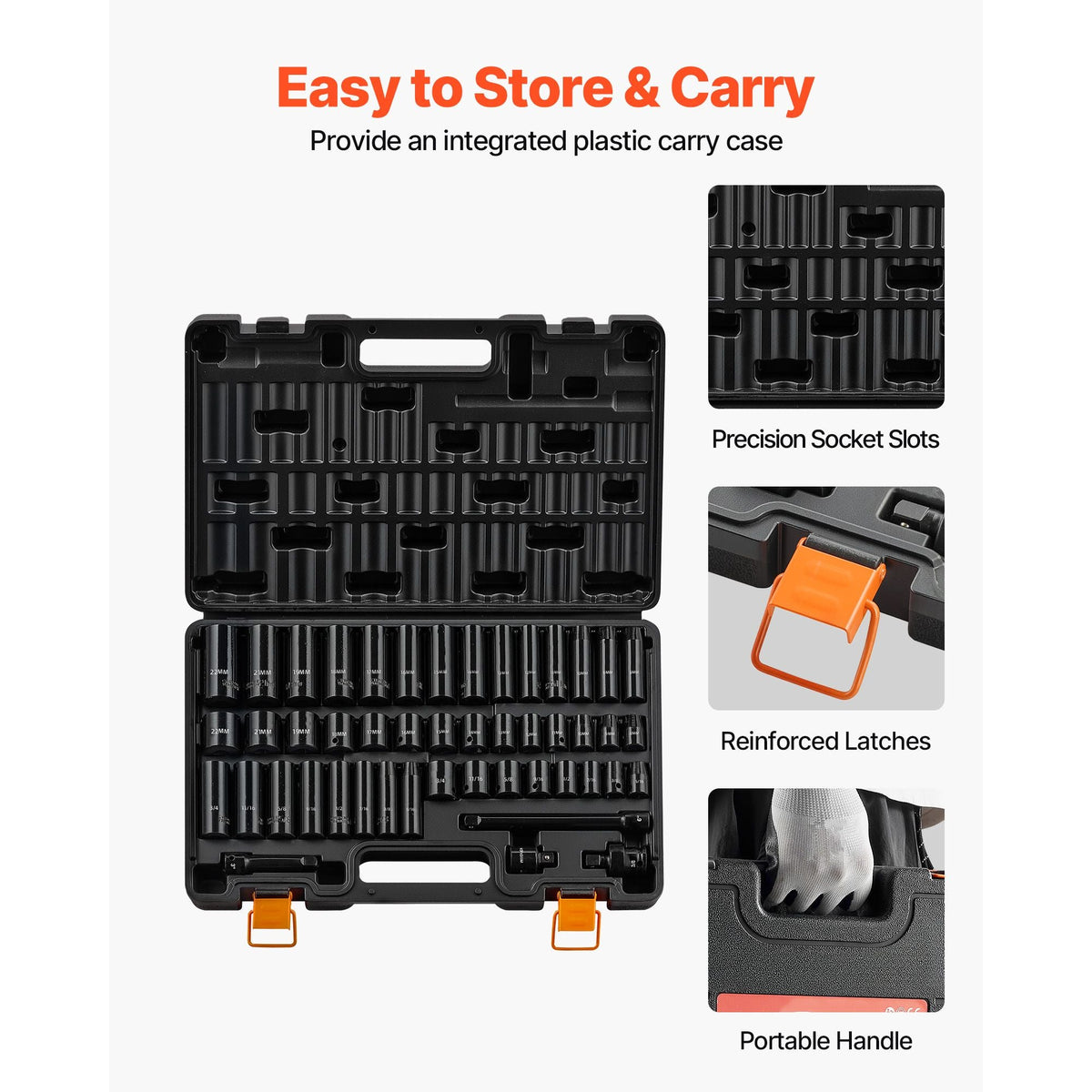 Impact Socket Set, 3/8" Drive, 48-Piece Socket Set, 6-Point Sockets, SAE 5/16"-3/4" and Metric 8-19 mm, 21-22 mm, Easy to Identify, Cr-V Alloy Steel, Extension Bar, Adapter and Storage Cage