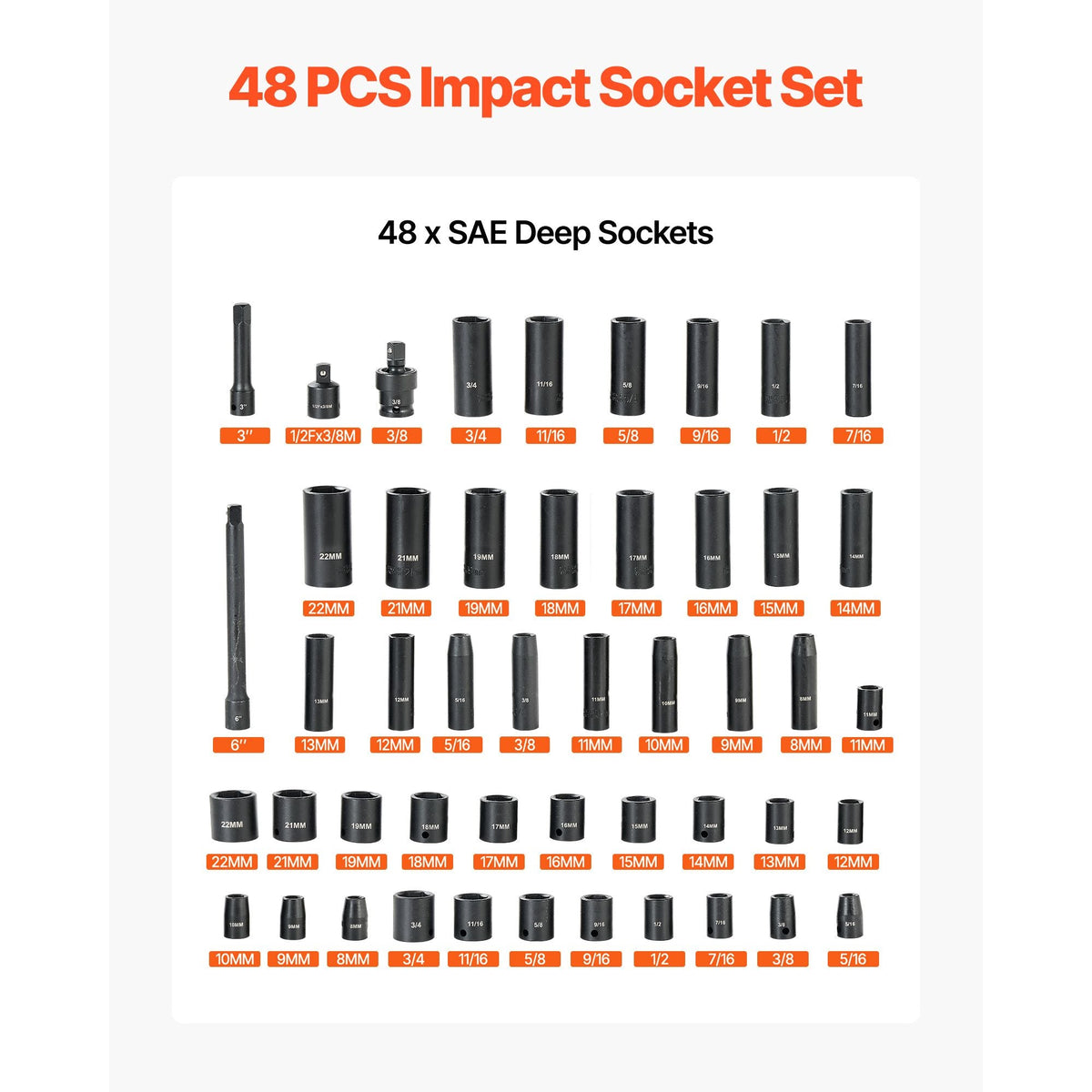 Impact Socket Set, 3/8" Drive, 48-Piece Socket Set, 6-Point Sockets, SAE 5/16"-3/4" and Metric 8-19 mm, 21-22 mm, Easy to Identify, Cr-V Alloy Steel, Extension Bar, Adapter and Storage Cage