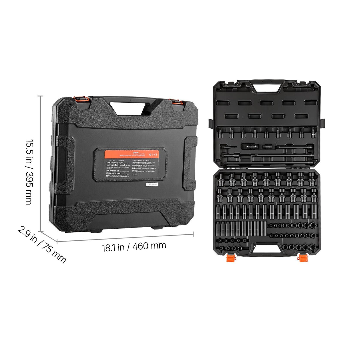 Impact Socket Set, 3/8" Drive, 90-Piece Socket Set, 6 Point Sockets, SAE 1/4"-3/4" and Metric 6-19 mm, Easy to Identify, with Adapters, Sturdy Storage Case, Cr-Mo Alloy Steel for Vehicles Repair