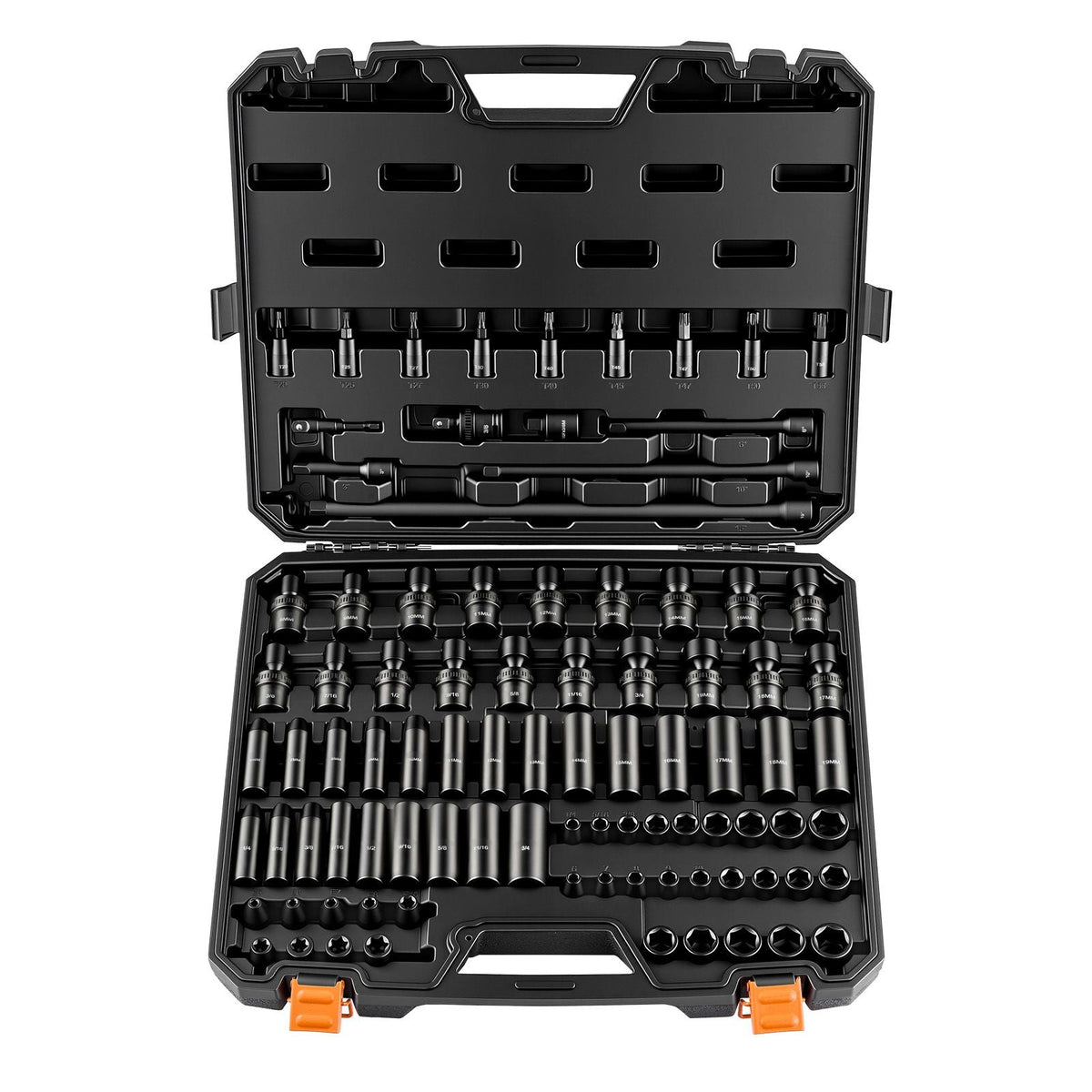 Impact Socket Set, 3/8" Drive, 90-Piece Socket Set, 6 Point Sockets, SAE 1/4"-3/4" and Metric 6-19 mm, Easy to Identify, with Adapters, Sturdy Storage Case, Cr-Mo Alloy Steel for Vehicles Repair