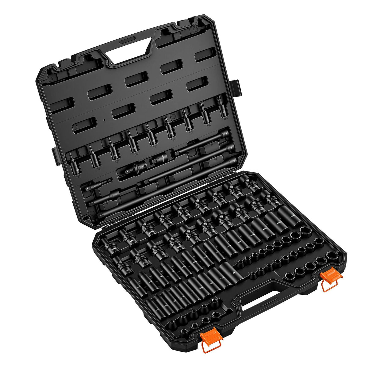 Impact Socket Set, 3/8" Drive, 90-Piece Socket Set, 6 Point Sockets, SAE 1/4"-3/4" and Metric 6-19 mm, Easy to Identify, with Adapters, Sturdy Storage Case, Cr-Mo Alloy Steel for Vehicles Repair