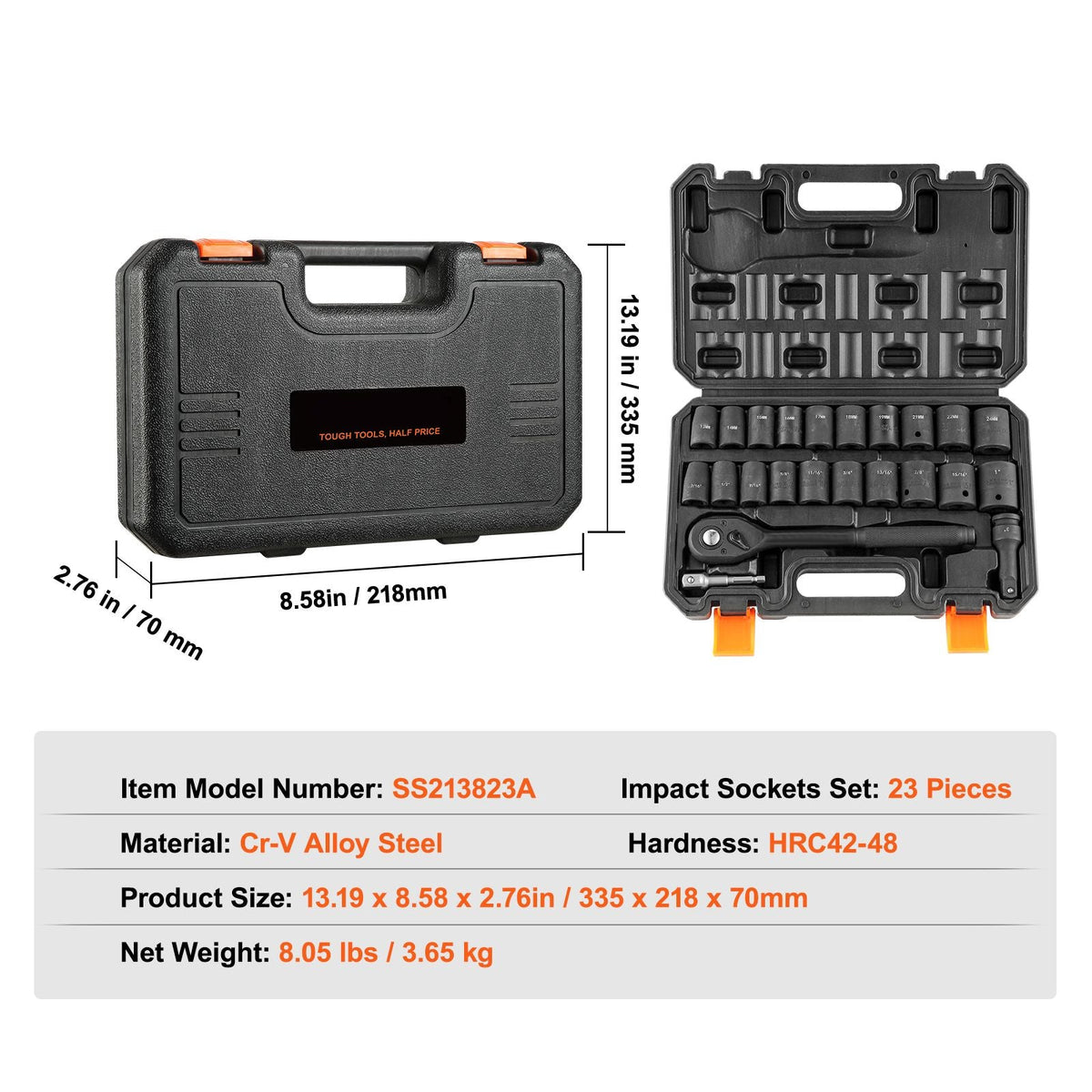 Impact Socket Set with 1/2" Drive, Comprising 23 Pieces in SAE (7/16" -1") & Metric Measurements, 6 Point Cr-V Alloy Steel, Includes Ratchet Handle and Durable Storage Case