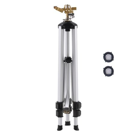 Impact Sprinkler on Tripod Base, Heavy Duty Tripod Sprinklers with Brass Head & 3/4" Connector, 360 Degree Large Area Coverage Irrigation Sprinkler, Adjustable Heights Sprinkler for Yard Gray