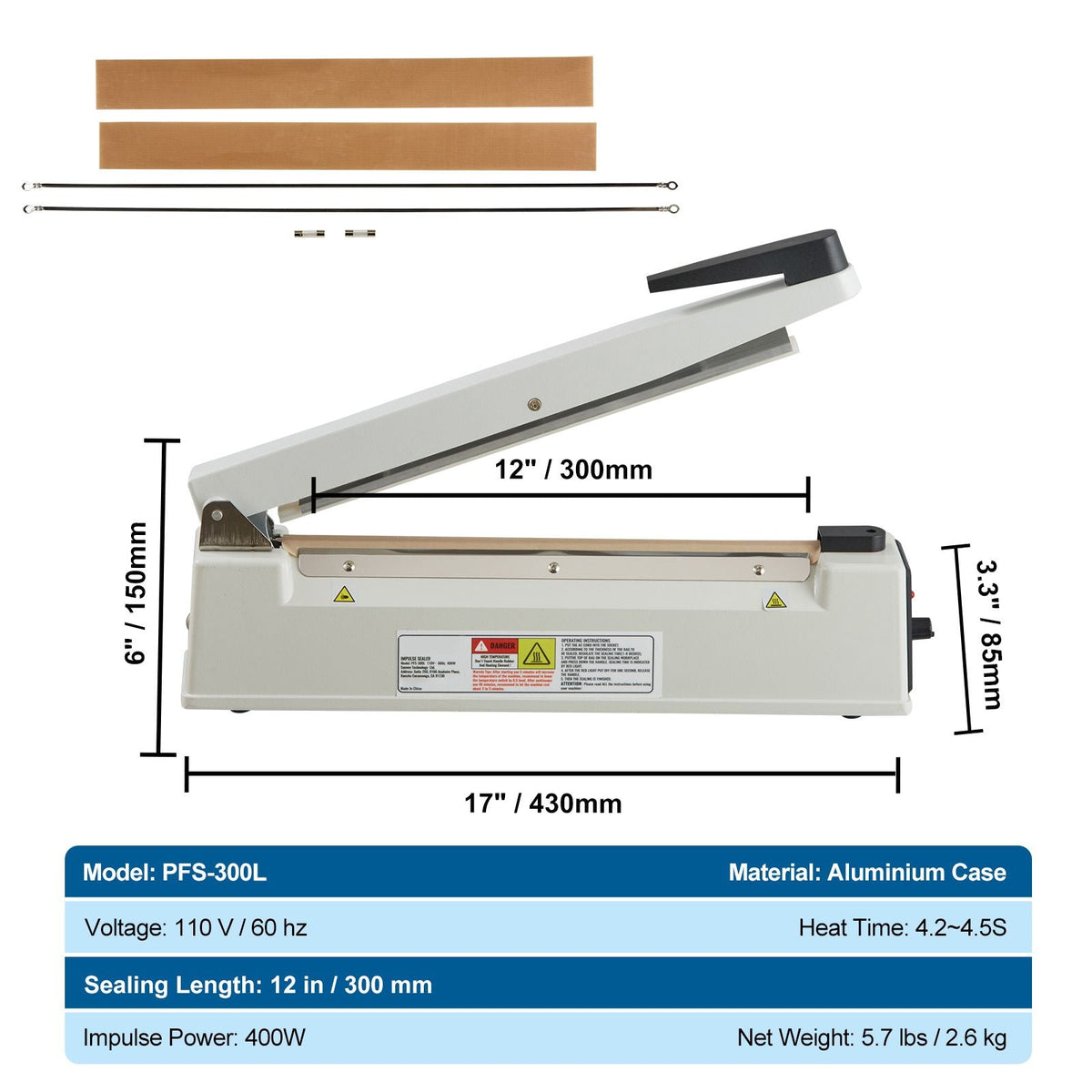 Impulse Sealer 12 inch, Manual Heat Sealing Machine with Adjustable Heating Mode, Aluminum Shrink Wrap Bag Sealers for Plastic Mylar PE PP Bags, Portable Poly Bag Sealer with Extra Replace Kit