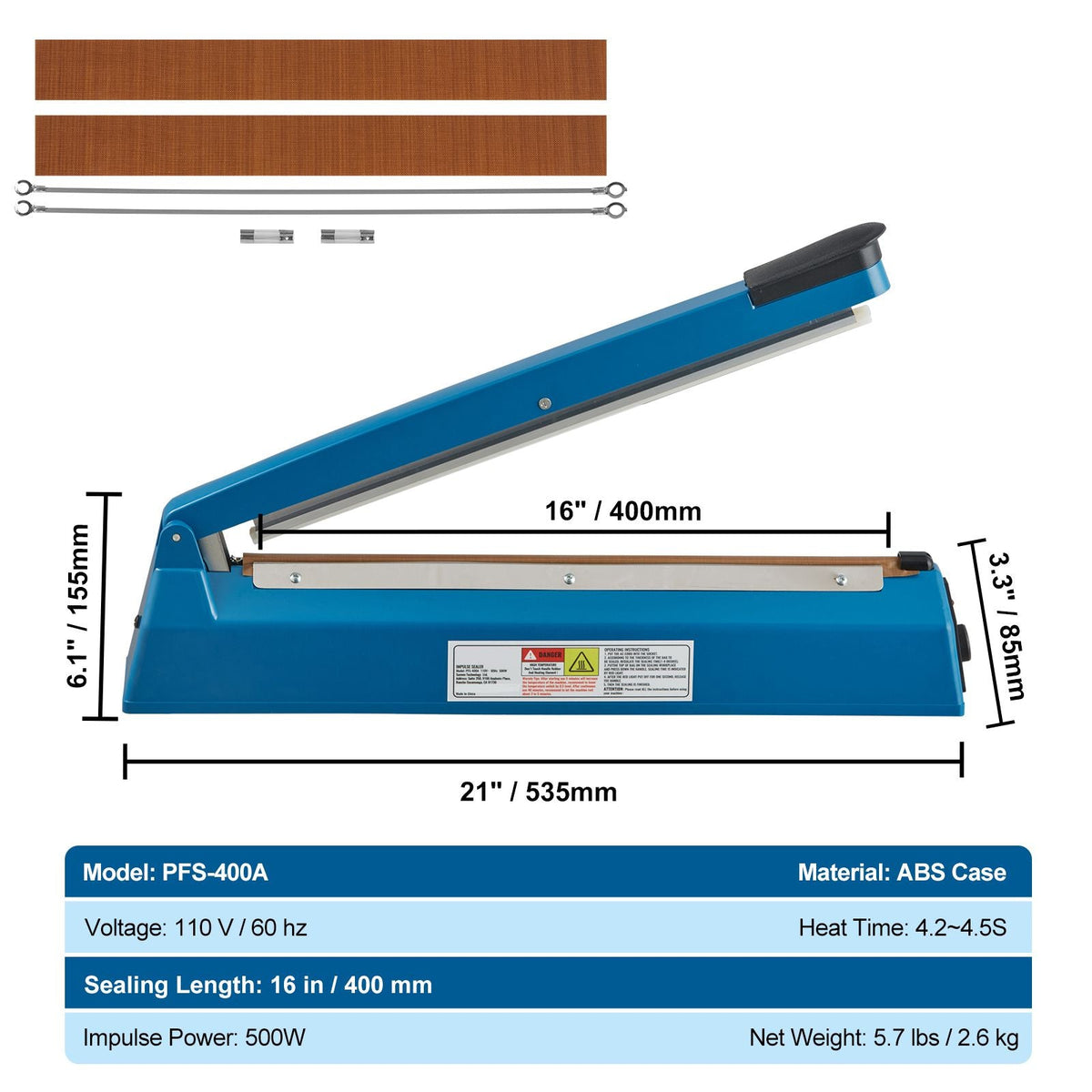 Impulse Sealer 16 inch, Manual Heat Seal Machine with Adjustable Heating Mode, ABS Shrink Wrap Bag Sealers for Plastic Mylar PE PP Bags, Portable Poly Bag Sealing Machine with Extra Replace Kit