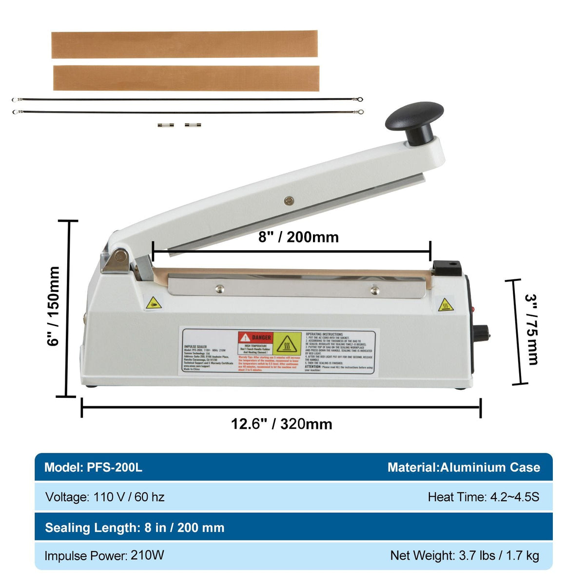 Impulse Sealer 8 inch, Manual Heat Sealing Machine with Adjustable Heating Mode, Aluminum Shrink Wrap Bag Sealers for Plastic Mylar PE PP Bags, Portable Poly Bag Sealer with Extra Replace Kit