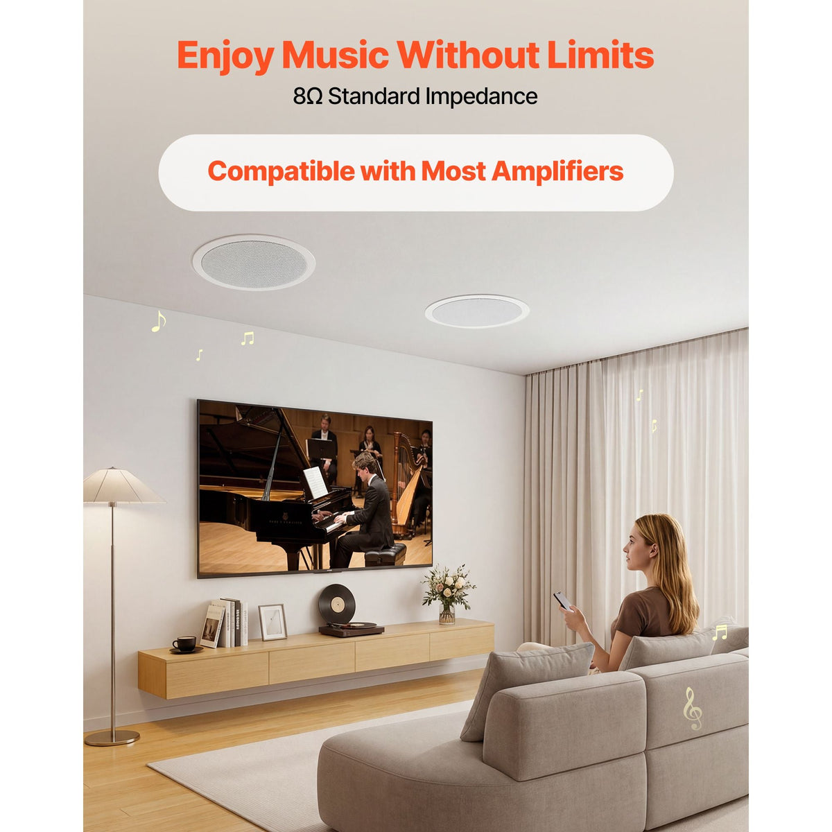 In Ceiling Speakers, 8", In-Ceiling & In-Wall Speaker System, Hi-Fi Sound, 150W Peak, 2-Way Flush Mount Speakers, for Damp Humid Placement, Home Theater, Living Room, or Covered Patio, 1 Pair