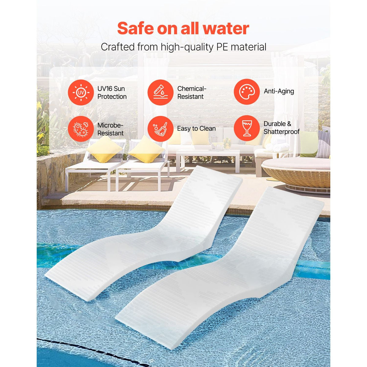 In-Pool Lounge Chairs, Set of 2 Chaise Lounger, Inside Pool Lounge Chairs for up to 5" Water Depths, Fixed in Pools & Floating on Water, Suitable for All Pool Types, Poolside & Sun Deck Tanning
