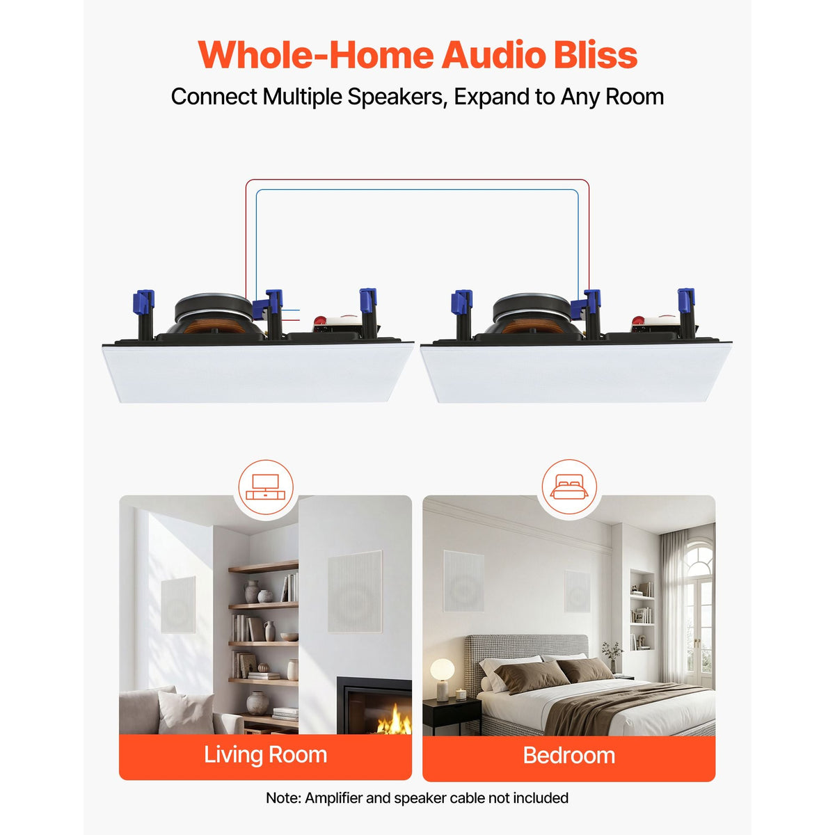 In-Wall Speakers, 8", In Wall Speaker System with Paintable Grille, Hi-Fi Sound, 200W Peak, 2-Way Rectangular Speakers, for Damp Humid Indoor Placement, Bath, Kitchen, Covered Porches, 1 Pair