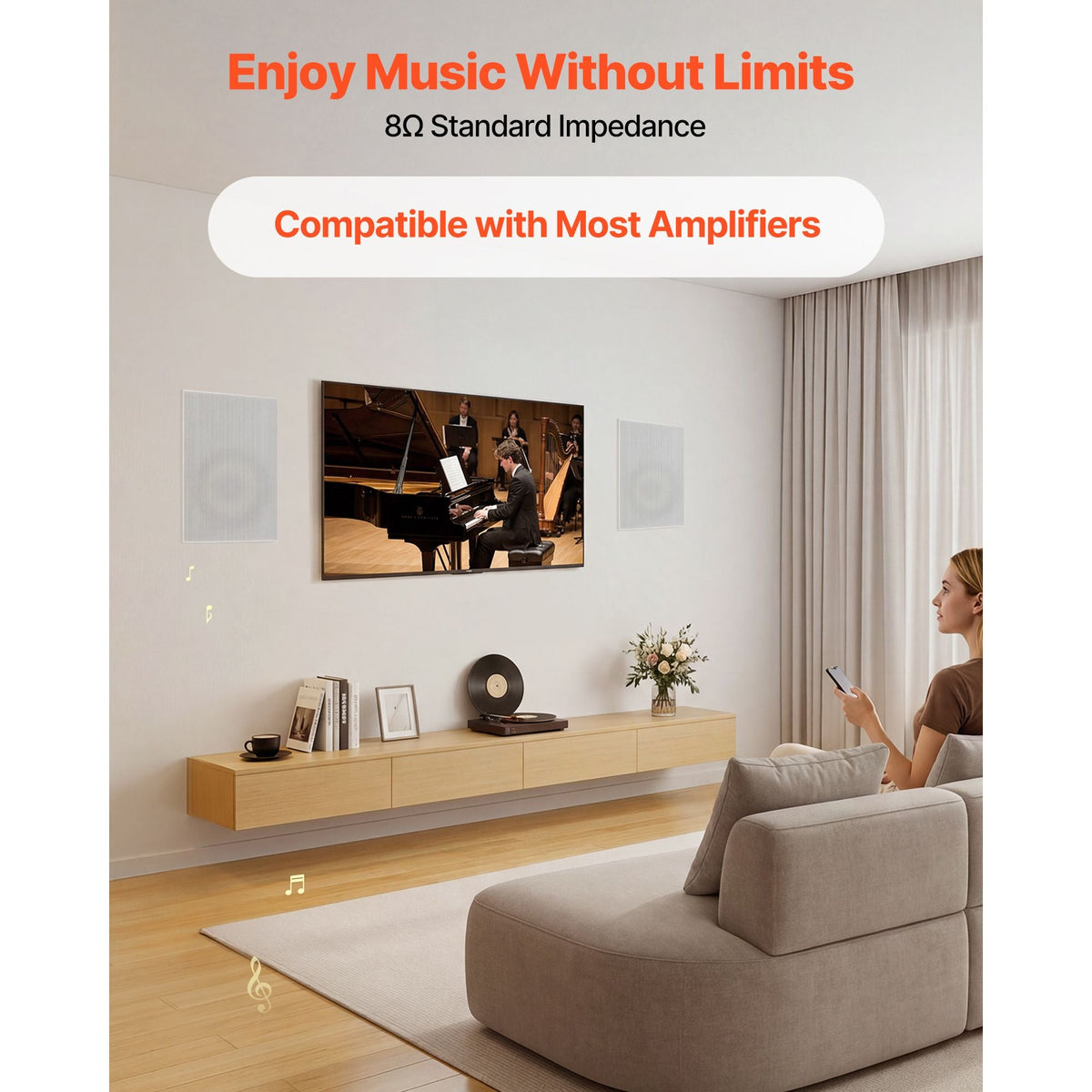 In-Wall Speakers, 8", In Wall Speaker System with Paintable Grille, Hi-Fi Sound, 200W Peak, 2-Way Rectangular Speakers, for Damp Humid Indoor Placement, Bath, Kitchen, Covered Porches, 1 Pair