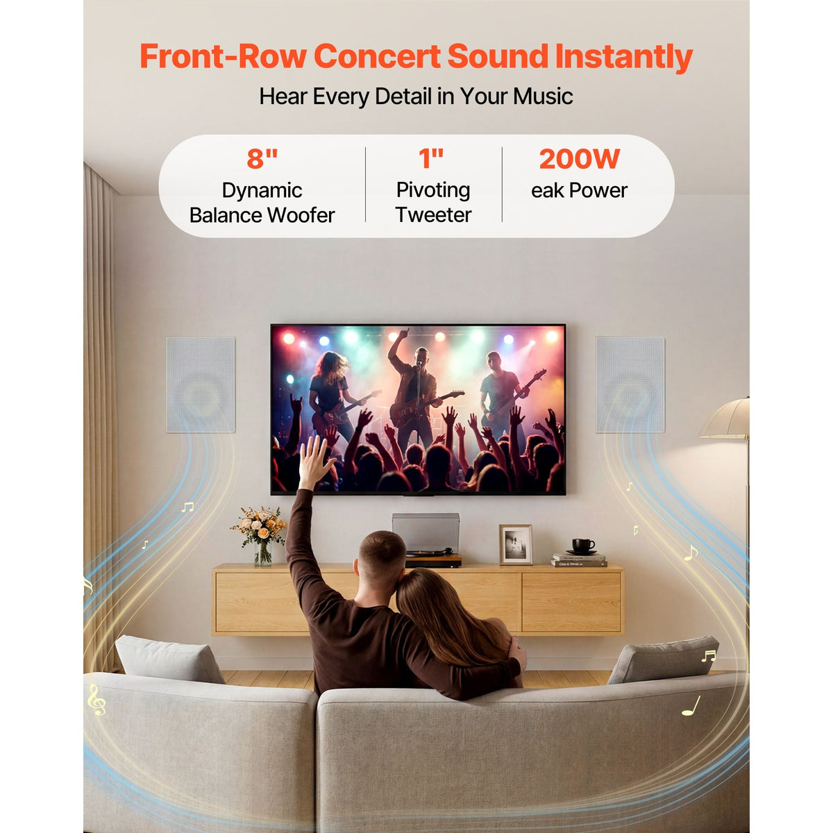 In-Wall Speakers, 8", In Wall Speaker System with Paintable Grille, Hi-Fi Sound, 200W Peak, 2-Way Rectangular Speakers, for Damp Humid Indoor Placement, Bath, Kitchen, Covered Porches, 1 Pair