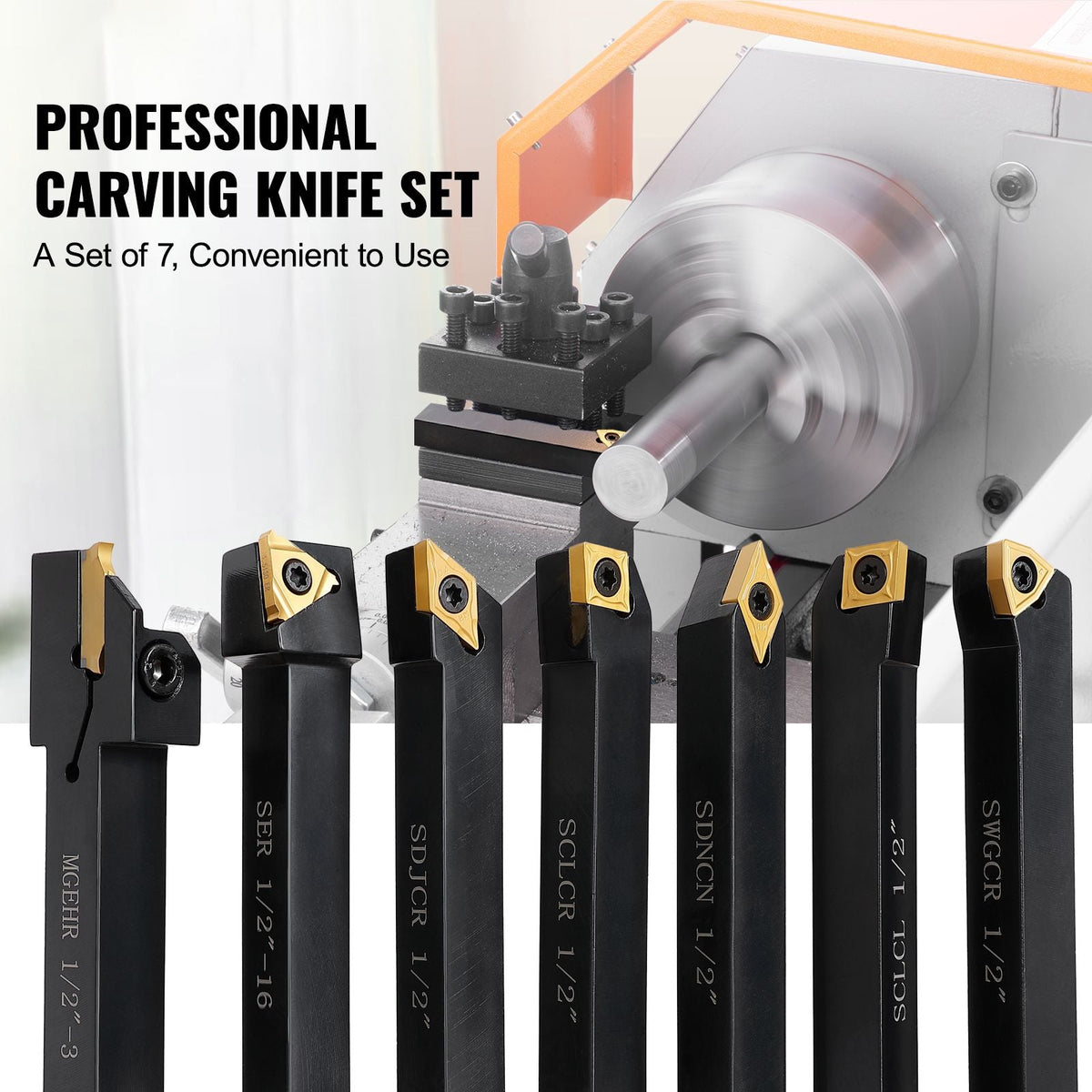 Indexable Carbide Lathe Tools 1/2" Metal Lathe Cutting Tools 7 Pcs/Set Indexable lathe tools Super-Hard 40CR Lathe Bits Carbide Lathe Tool for Lathe Black Compact and Portable