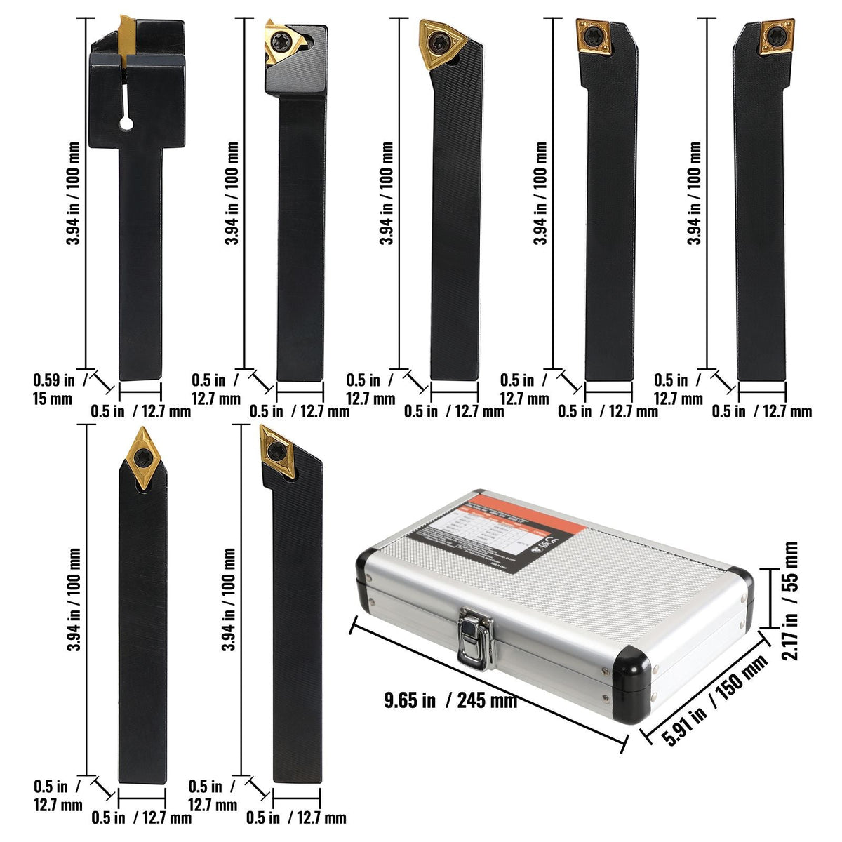 Indexable Carbide Lathe Tools 1/2" Metal Lathe Cutting Tools 7 Pcs/Set Indexable lathe tools Super-Hard 40CR Lathe Bits Carbide Lathe Tool for Lathe Black Compact and Portable