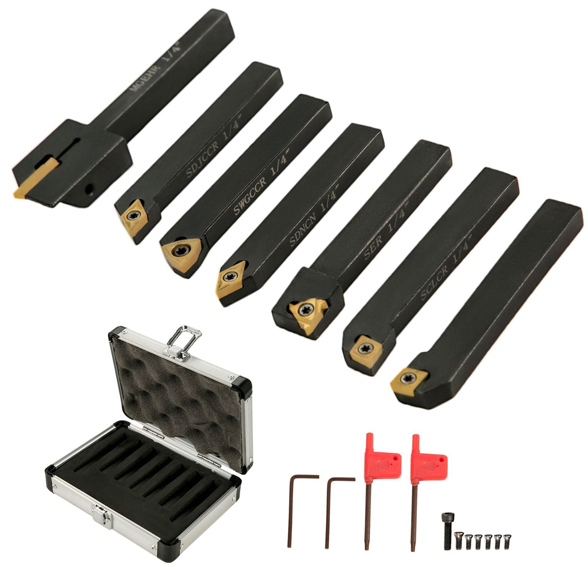 Indexable Carbide Tools 1/4\" Industrial Lathe Tools 7Pcs/Set Turning Tool Set Super-hard 40cr Mental Lathe Tools Inserts Carbide Tool Holder for Lathe in Black with Portable Case