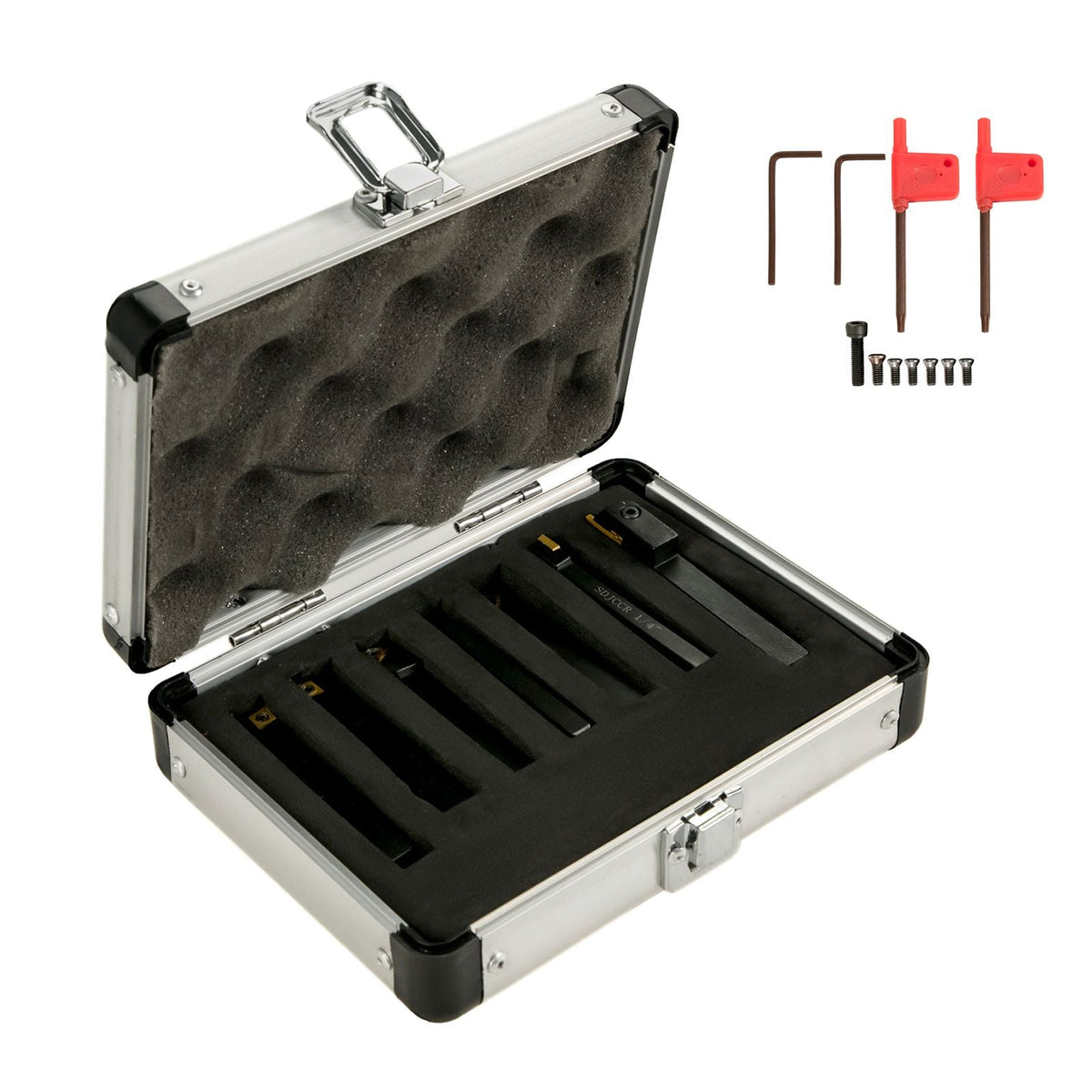 Indexable Carbide Tools 1/4\" Industrial Lathe Tools 7Pcs/Set Turning Tool Set Super-hard 40cr Mental Lathe Tools Inserts Carbide Tool Holder for Lathe in Black with Portable Case