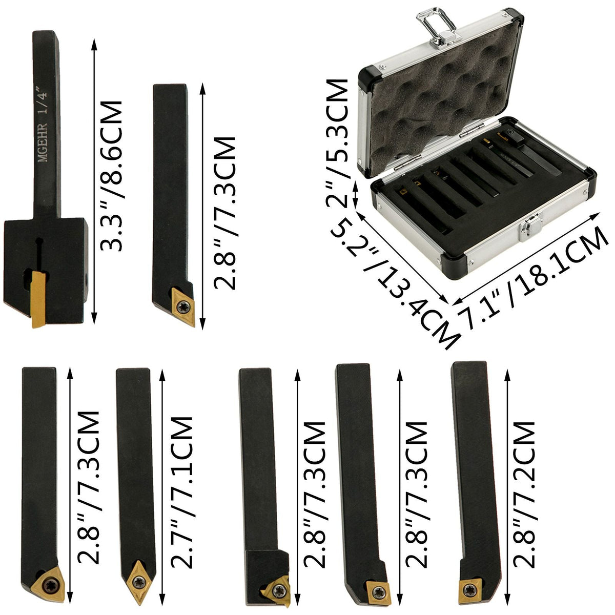 Indexable Carbide Tools 1/4\" Industrial Lathe Tools 7Pcs/Set Turning Tool Set Super-hard 40cr Mental Lathe Tools Inserts Carbide Tool Holder for Lathe in Black with Portable Case