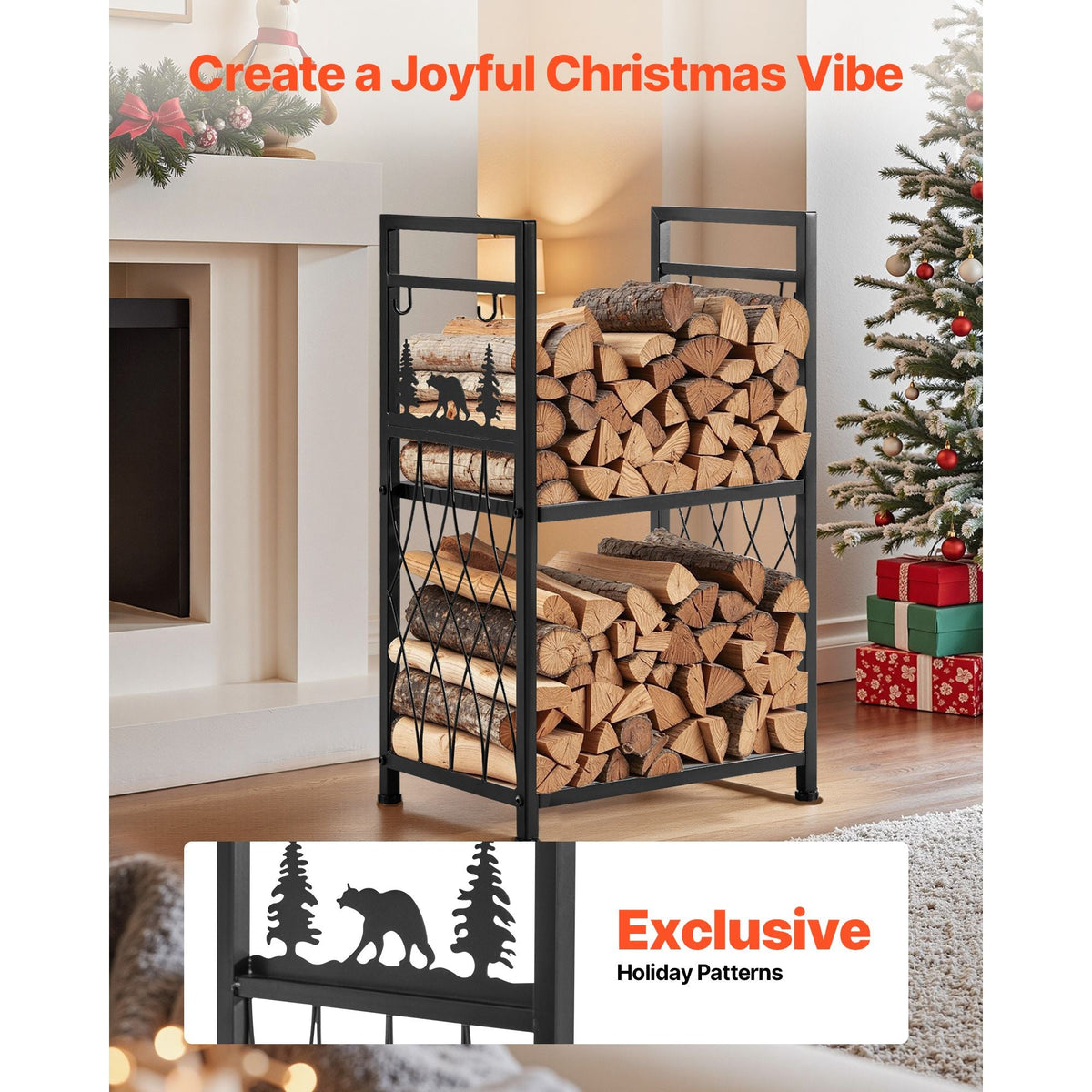 Indoor Firewood Rack, 1.3 ft 2-Tier Firewood Holder with Fireplace Tools, Brush, Shovel, Poker, Tongs, Heavy Duty Log Wood Rack, 400 lbs Weight Capacity, Wood Pile Storage Stacker for Fire Pit