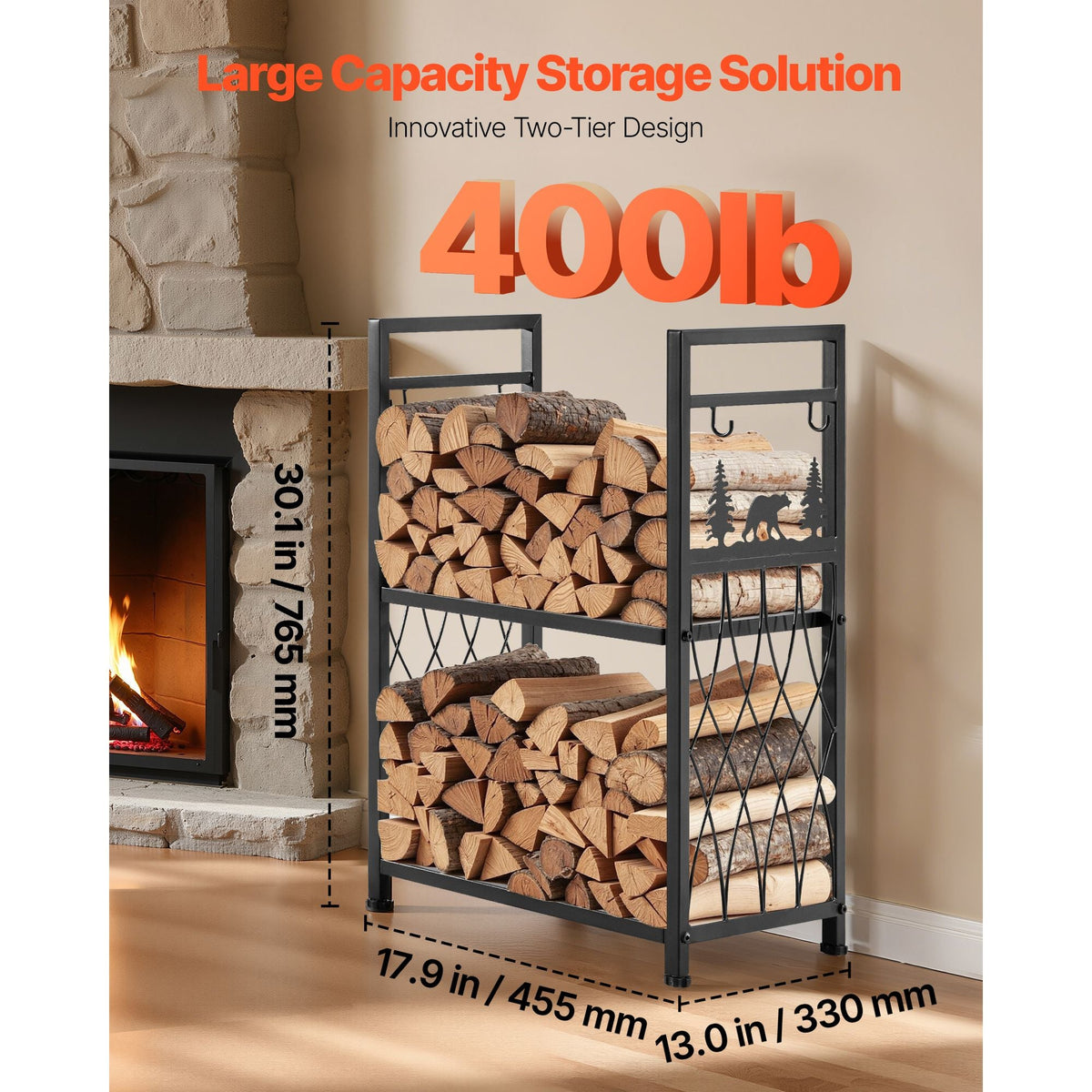 Indoor Firewood Rack, 1.3 ft 2-Tier Firewood Holder with Fireplace Tools, Brush, Shovel, Poker, Tongs, Heavy Duty Log Wood Rack, 400 lbs Weight Capacity, Wood Pile Storage Stacker for Fire Pit