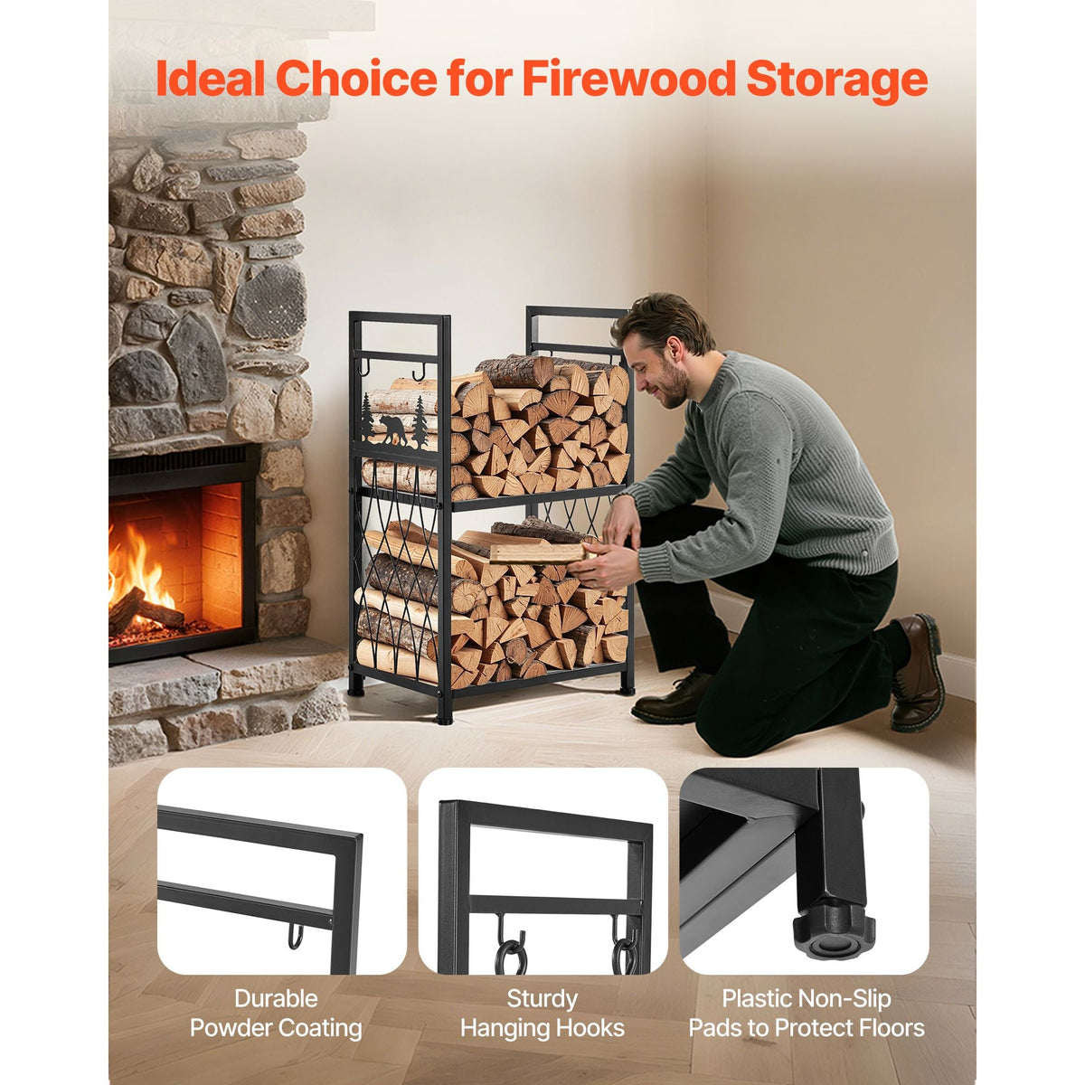 Indoor Firewood Rack, 1.3 ft 2-Tier Firewood Holder with Fireplace Tools, Brush, Shovel, Poker, Tongs, Heavy Duty Log Wood Rack, 400 lbs Weight Capacity, Wood Pile Storage Stacker for Fire Pit