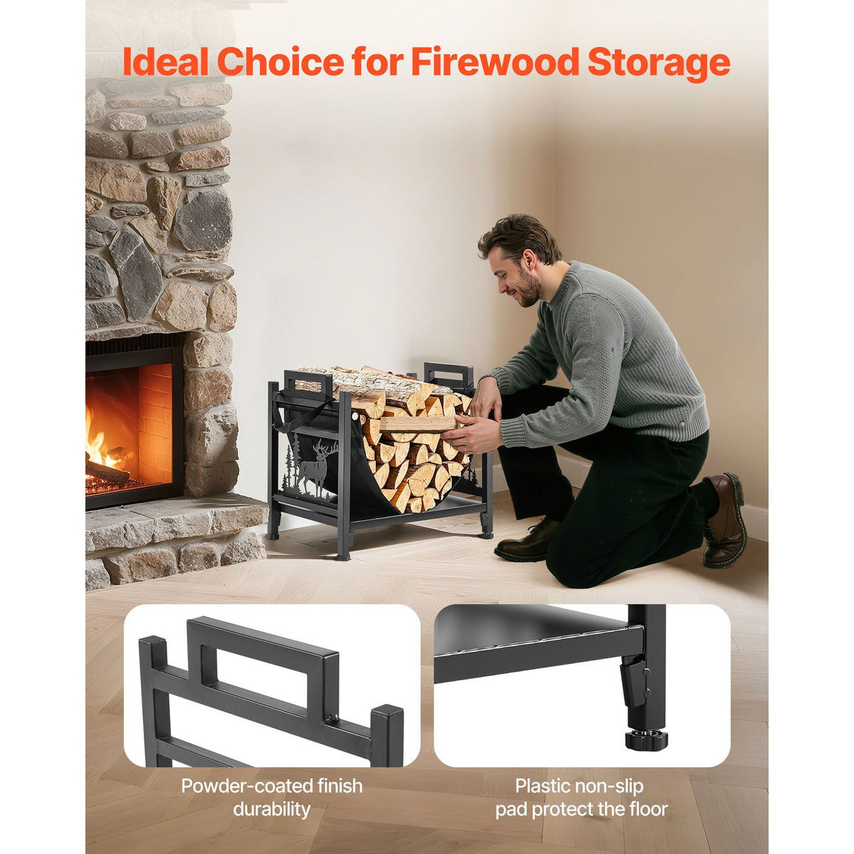 Indoor Firewood Rack, 1.5 ft Curved Log Holder with Canvas Carrier, 40lb Weight Capacity Wood Storage Stand, Powder-Coated Steel Firewood Holder, Heavy Duty Wood Pile Stacker Rack for Fireplace