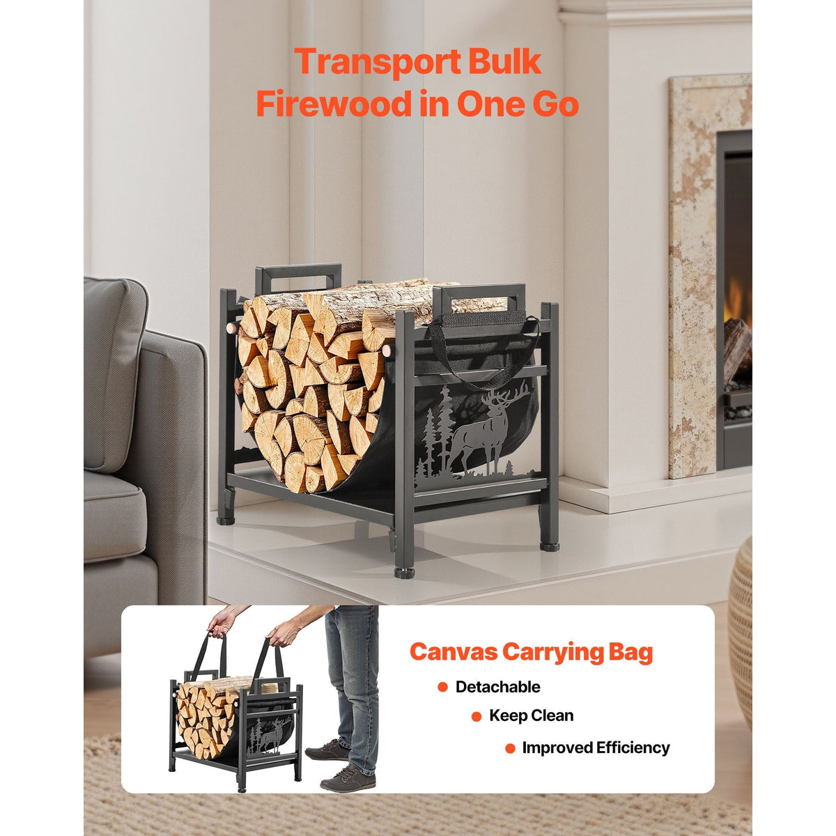 Indoor Firewood Rack, 1.5 ft Curved Log Holder with Canvas Carrier, 40lb Weight Capacity Wood Storage Stand, Powder-Coated Steel Firewood Holder, Heavy Duty Wood Pile Stacker Rack for Fireplace