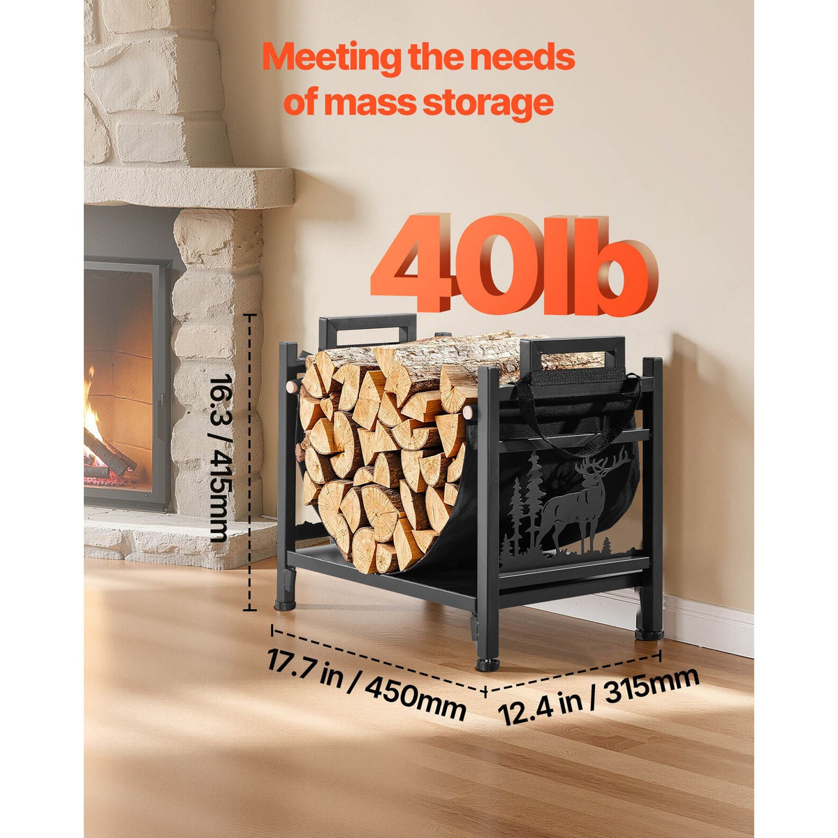 Indoor Firewood Rack, 1.5 ft Curved Log Holder with Canvas Carrier, 40lb Weight Capacity Wood Storage Stand, Powder-Coated Steel Firewood Holder, Heavy Duty Wood Pile Stacker Rack for Fireplace