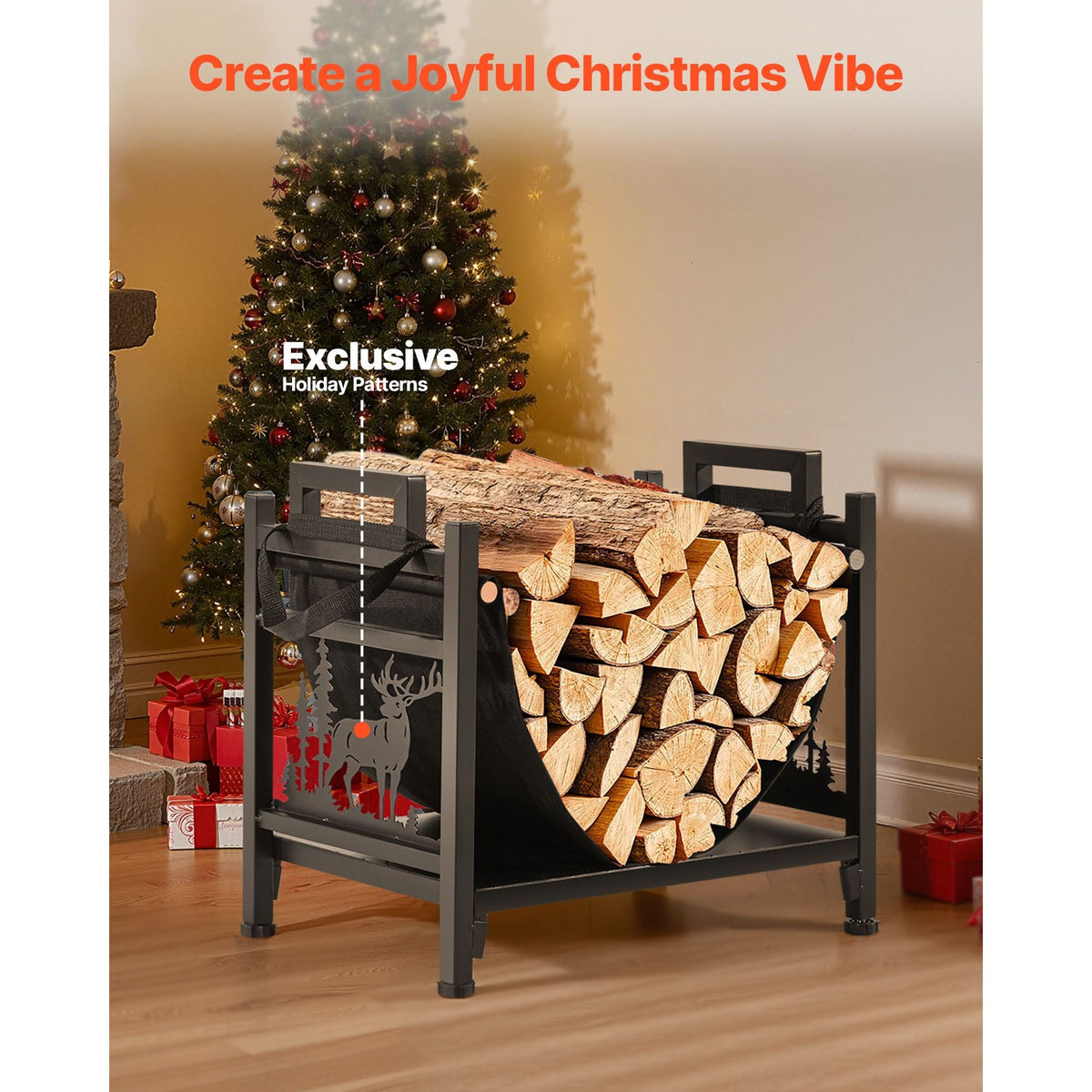 Indoor Firewood Rack, 1.5 ft Curved Log Holder with Canvas Carrier, 40lb Weight Capacity Wood Storage Stand, Powder-Coated Steel Firewood Holder, Heavy Duty Wood Pile Stacker Rack for Fireplace