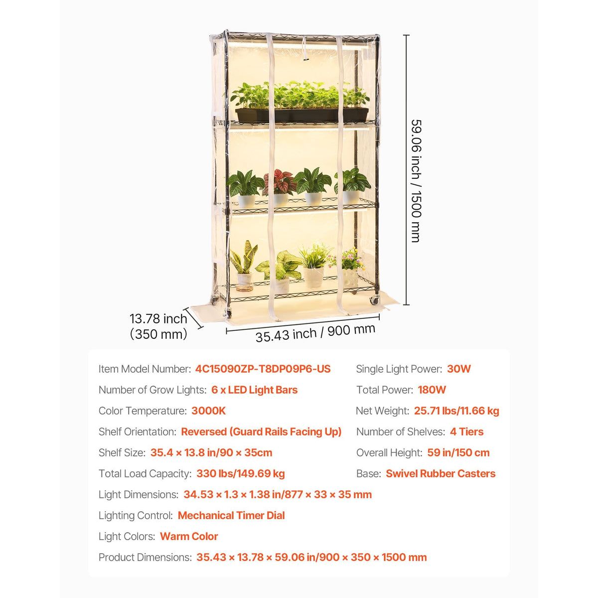 Indoor Greenhouse with Grow Light, 59 in Tall 4-Tier Plant Stand with Clear Cover, Timer & Hygrometer, 180W Full Spectrum Grow Lights, Metal Lighted Plants Shelf Holder for Indoor Plants