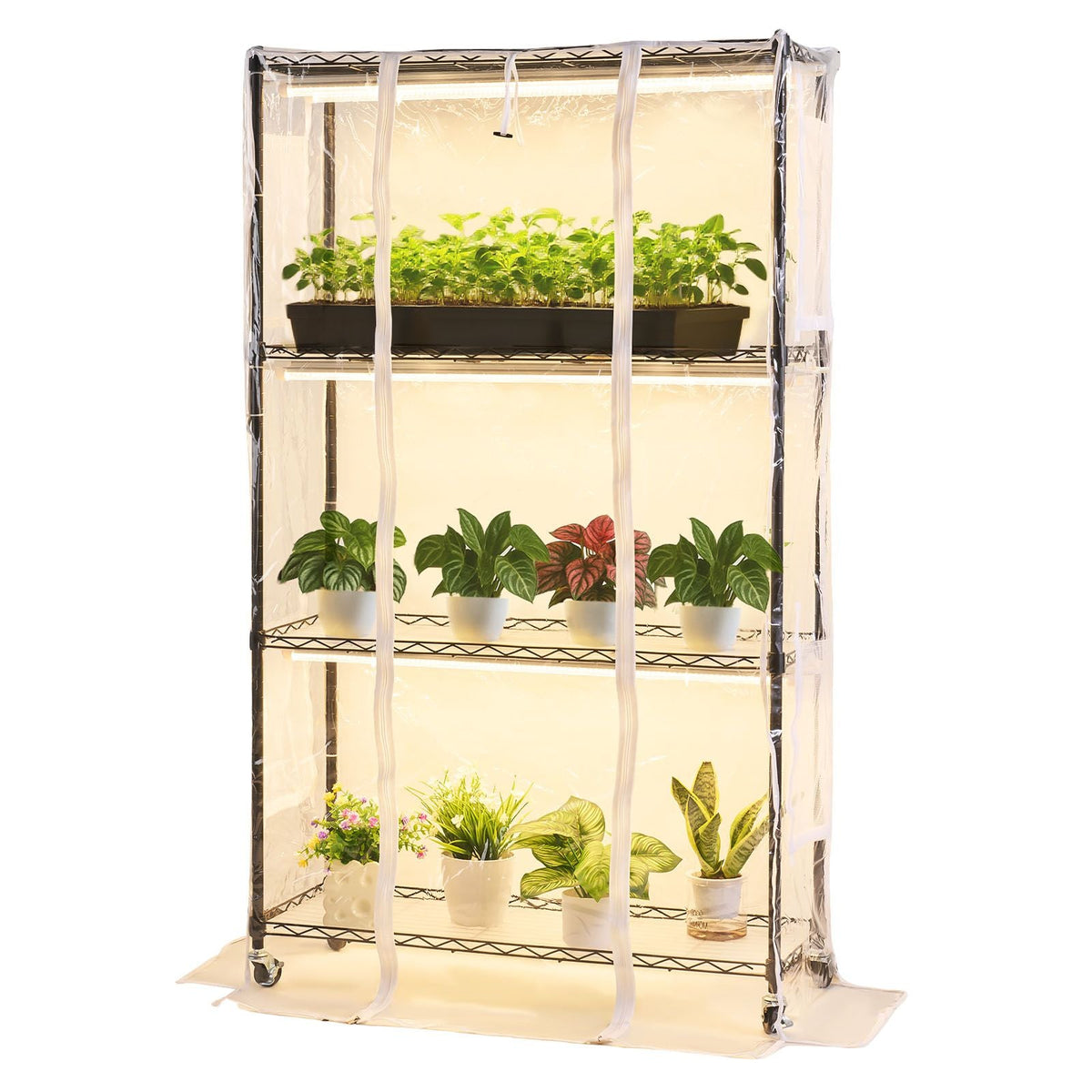Indoor Greenhouse with Grow Light, 59 in Tall 4-Tier Plant Stand with Clear Cover, Timer & Hygrometer, 180W Full Spectrum Grow Lights, Metal Lighted Plants Shelf Holder for Indoor Plants