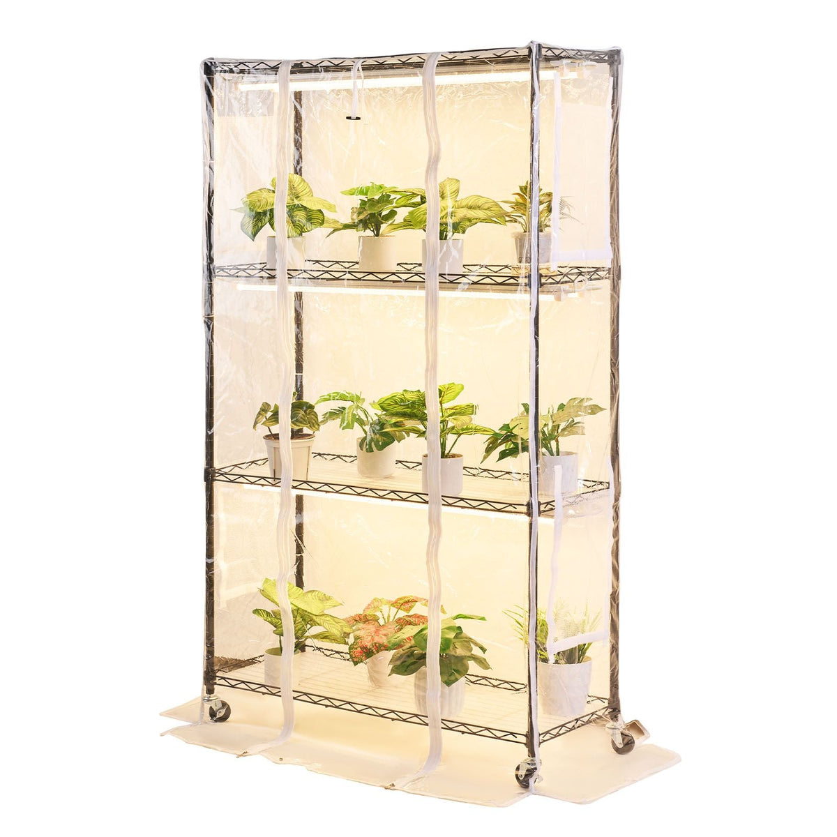 Indoor Greenhouse with Grow Light, 59 in Tall 4-Tier Plant Stand with Clear Cover, Timer & Hygrometer, 180W Full Spectrum Grow Lights, Metal Lighted Plants Shelf Holder for Indoor Plants