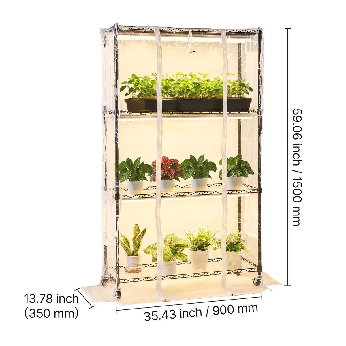 Indoor Greenhouse with Grow Light, 59 in Tall 4-Tier Plant Stand with Clear Cover, Timer & Hygrometer, 180W Full Spectrum Grow Lights, Metal Lighted Plants Shelf Holder for Indoor Plants