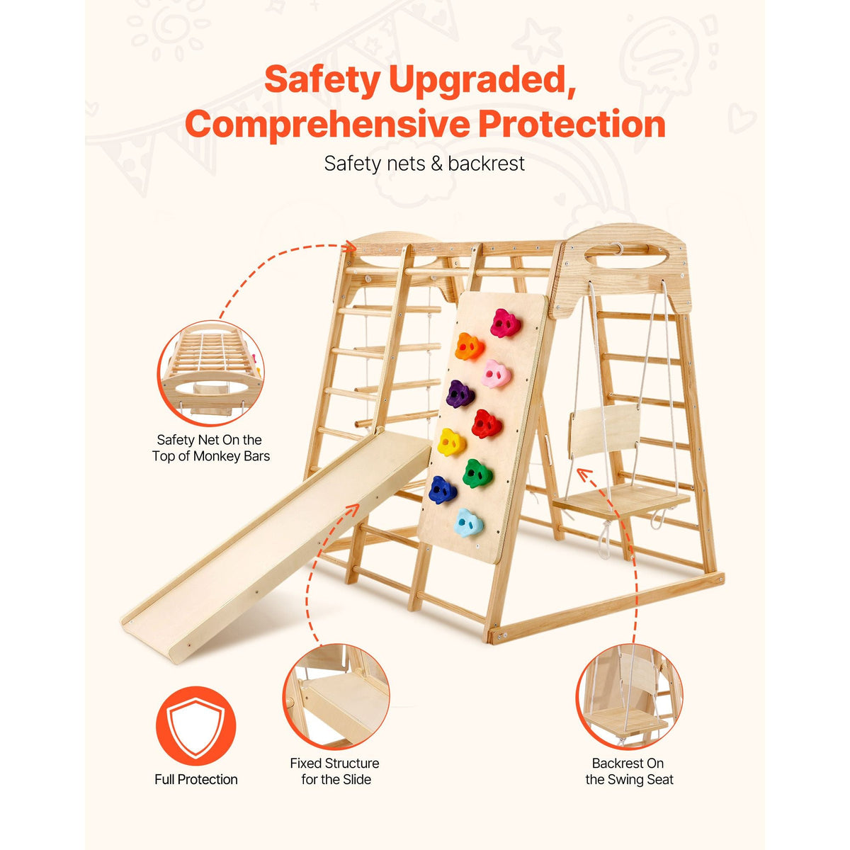 Indoor Jungle Gym, 7-in-1 Toddler Indoor Playground, 43 x 47.2 x 47 inch, with Wood and Rope Ladder, Net Ladder, Swing, Monkey Bar, Slide, Climbing Wall, Wooden Indoor Climbing Toys for Kids