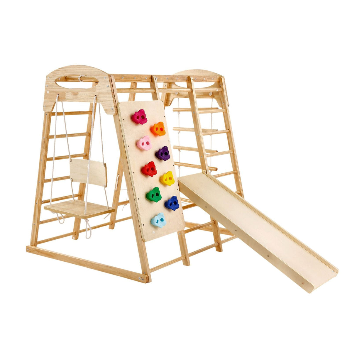 Indoor Jungle Gym, 7-in-1 Toddler Indoor Playground, 43 x 47.2 x 47 inch, with Wood and Rope Ladder, Net Ladder, Swing, Monkey Bar, Slide, Climbing Wall, Wooden Indoor Climbing Toys for Kids