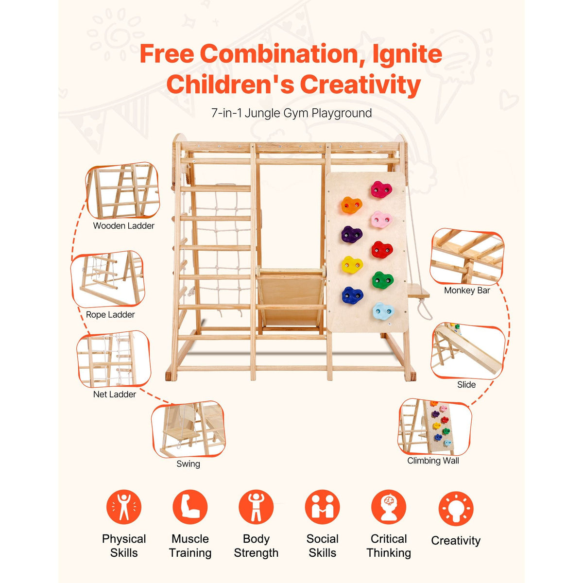 Indoor Jungle Gym, 7-in-1 Toddler Indoor Playground, 43 x 47.2 x 47 inch, with Wood and Rope Ladder, Net Ladder, Swing, Monkey Bar, Slide, Climbing Wall, Wooden Indoor Climbing Toys for Kids