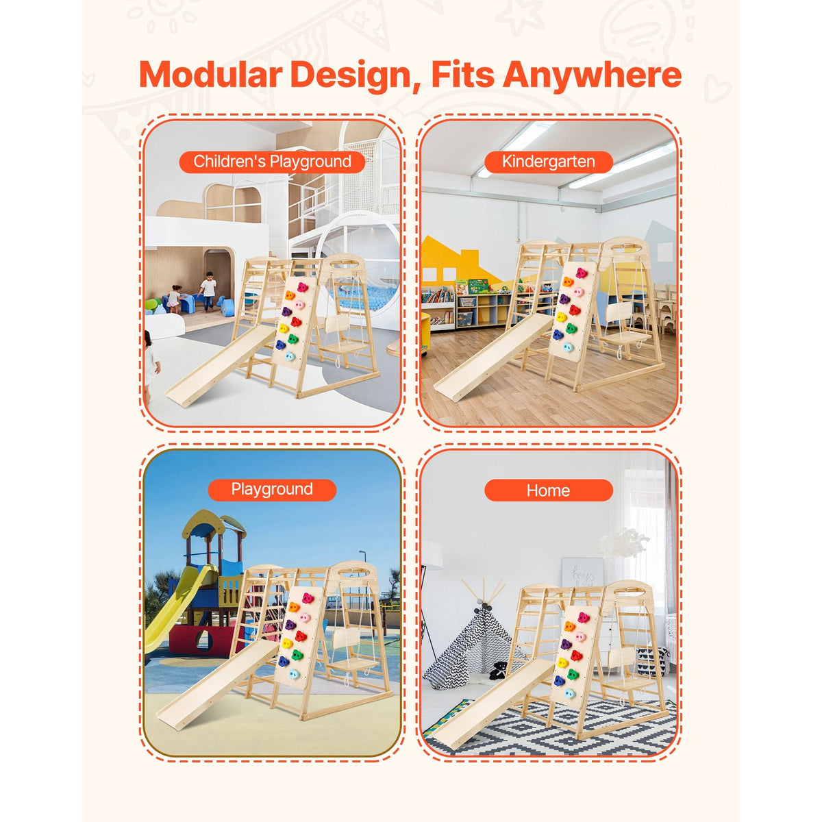 Indoor Jungle Gym, 7-in-1 Toddler Indoor Playground, 43 x 47.2 x 47 inch, with Wood and Rope Ladder, Net Ladder, Swing, Monkey Bar, Slide, Climbing Wall, Wooden Indoor Climbing Toys for Kids