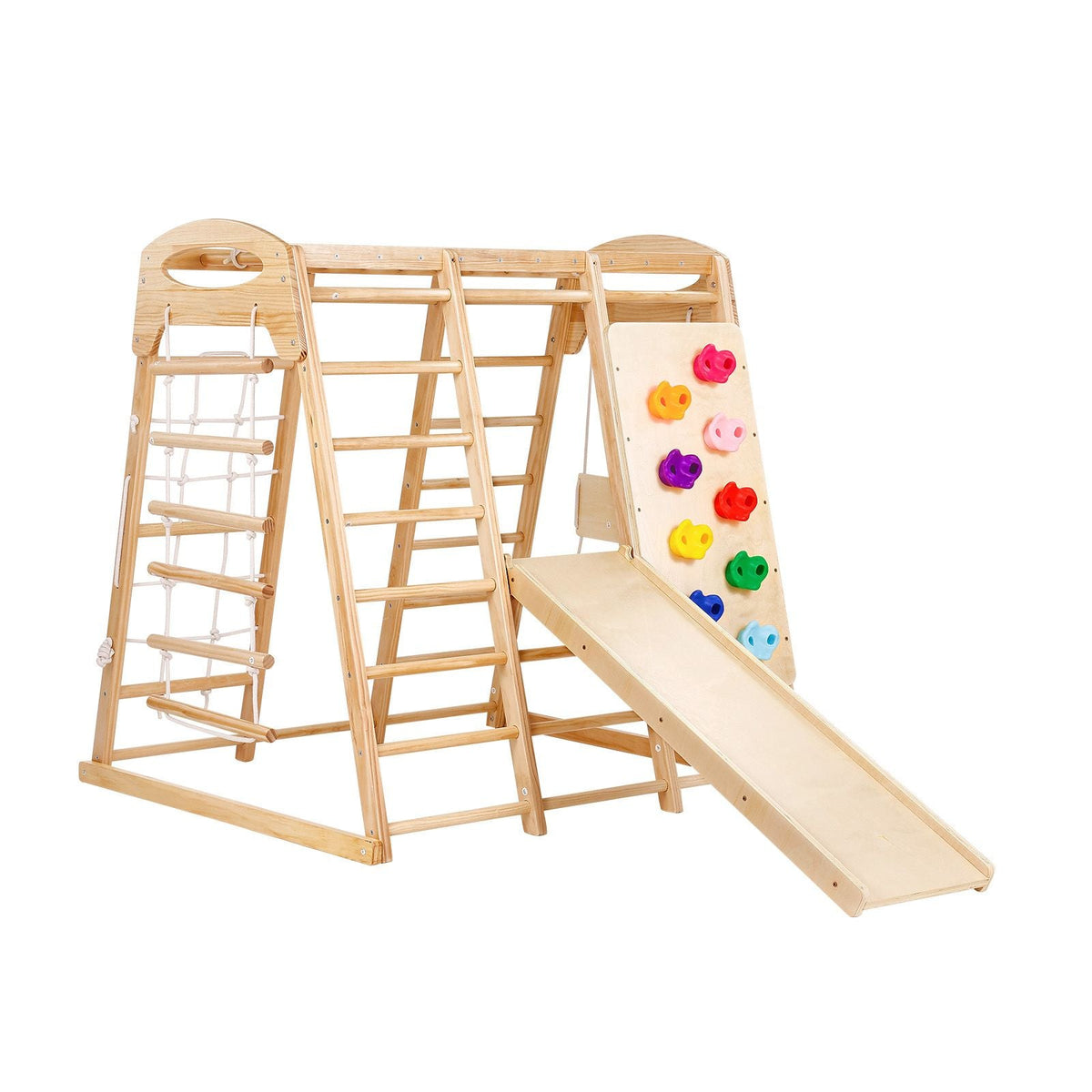 Indoor Jungle Gym, 7-in-1 Toddler Indoor Playground, 43 x 47.2 x 47 inch, with Wood and Rope Ladder, Net Ladder, Swing, Monkey Bar, Slide, Climbing Wall, Wooden Indoor Climbing Toys for Kids
