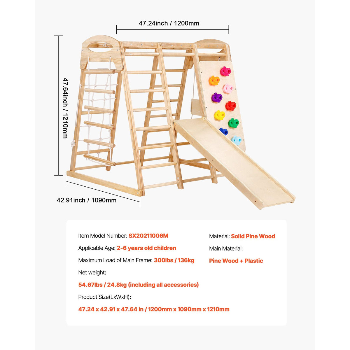 Indoor Jungle Gym, 7-in-1 Toddler Indoor Playground, 43 x 47.2 x 47 inch, with Wood and Rope Ladder, Net Ladder, Swing, Monkey Bar, Slide, Climbing Wall, Wooden Indoor Climbing Toys for Kids